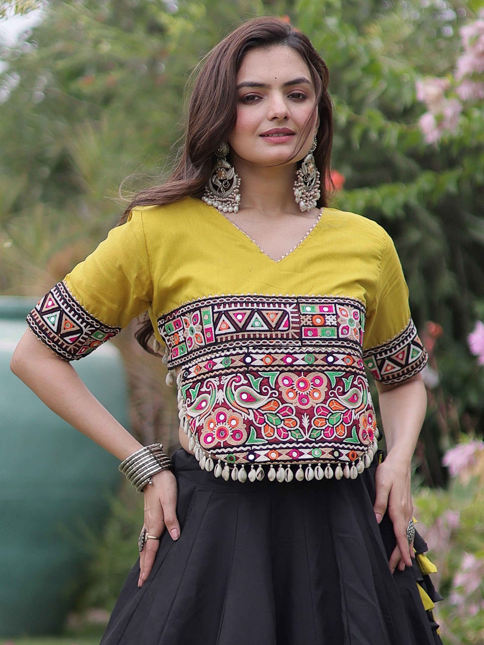 Charming Black Gamthi Work Silk Navratri Wear Lehenga Choli