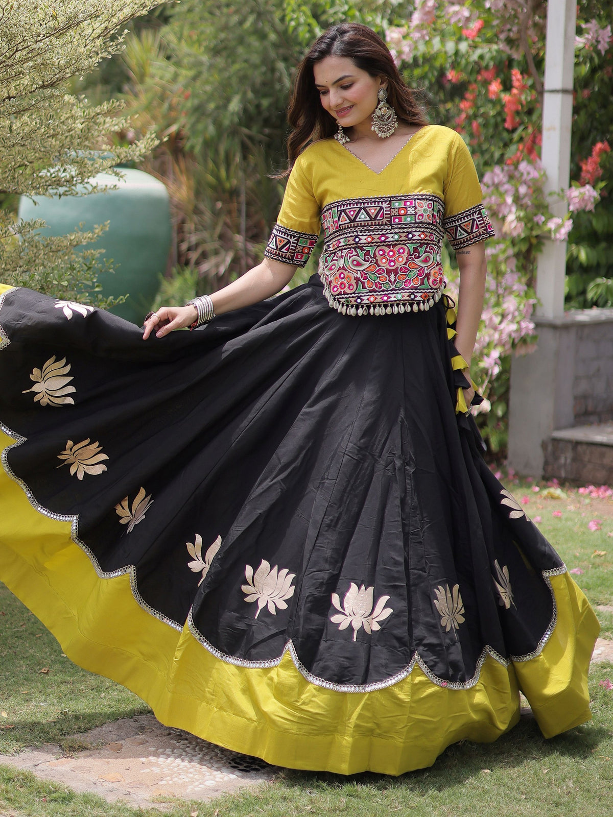 Charming Black Gamthi Work Silk Navratri Wear Lehenga Choli