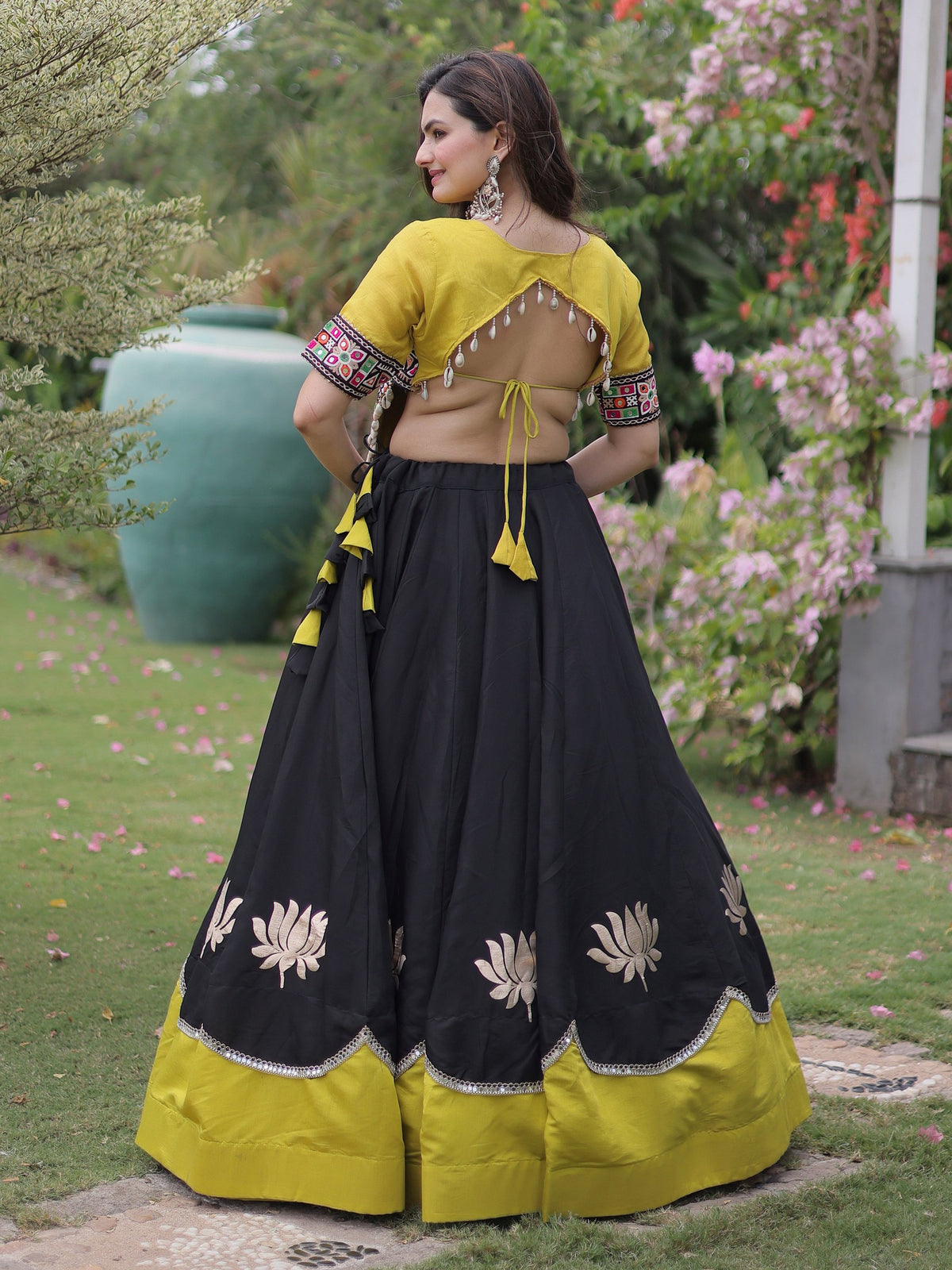 Charming Black Gamthi Work Silk Navratri Wear Lehenga Choli