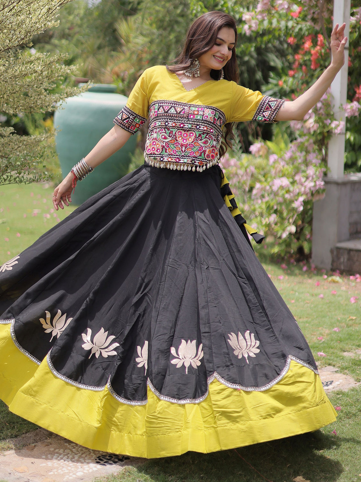 Charming Black Gamthi Work Silk Navratri Wear Lehenga Choli