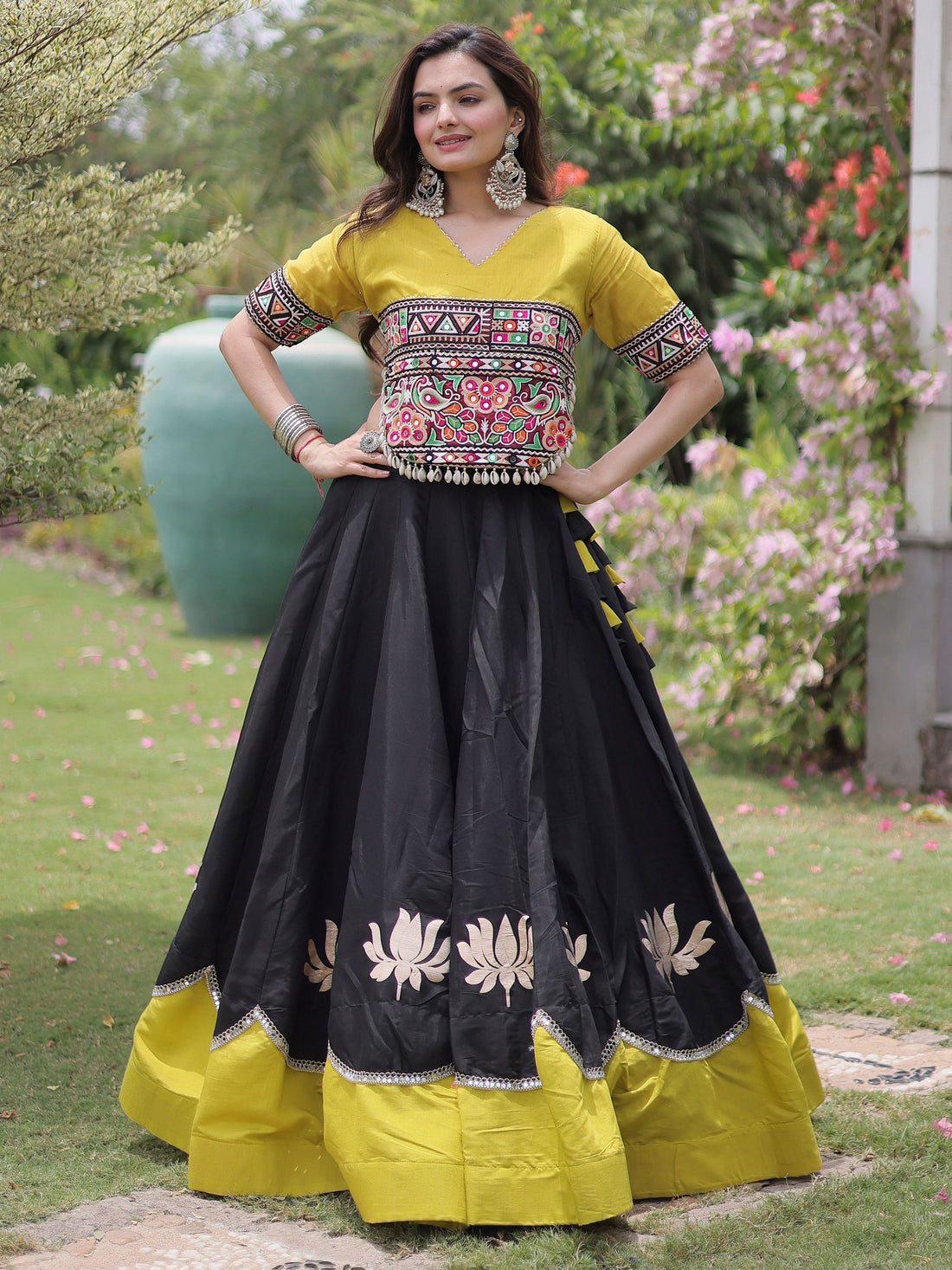 Charming Black Gamthi Work Silk Navratri Wear Lehenga Choli