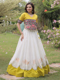 Heritage White Gamthi Work Silk Navratri Wear Lehenga Choli
