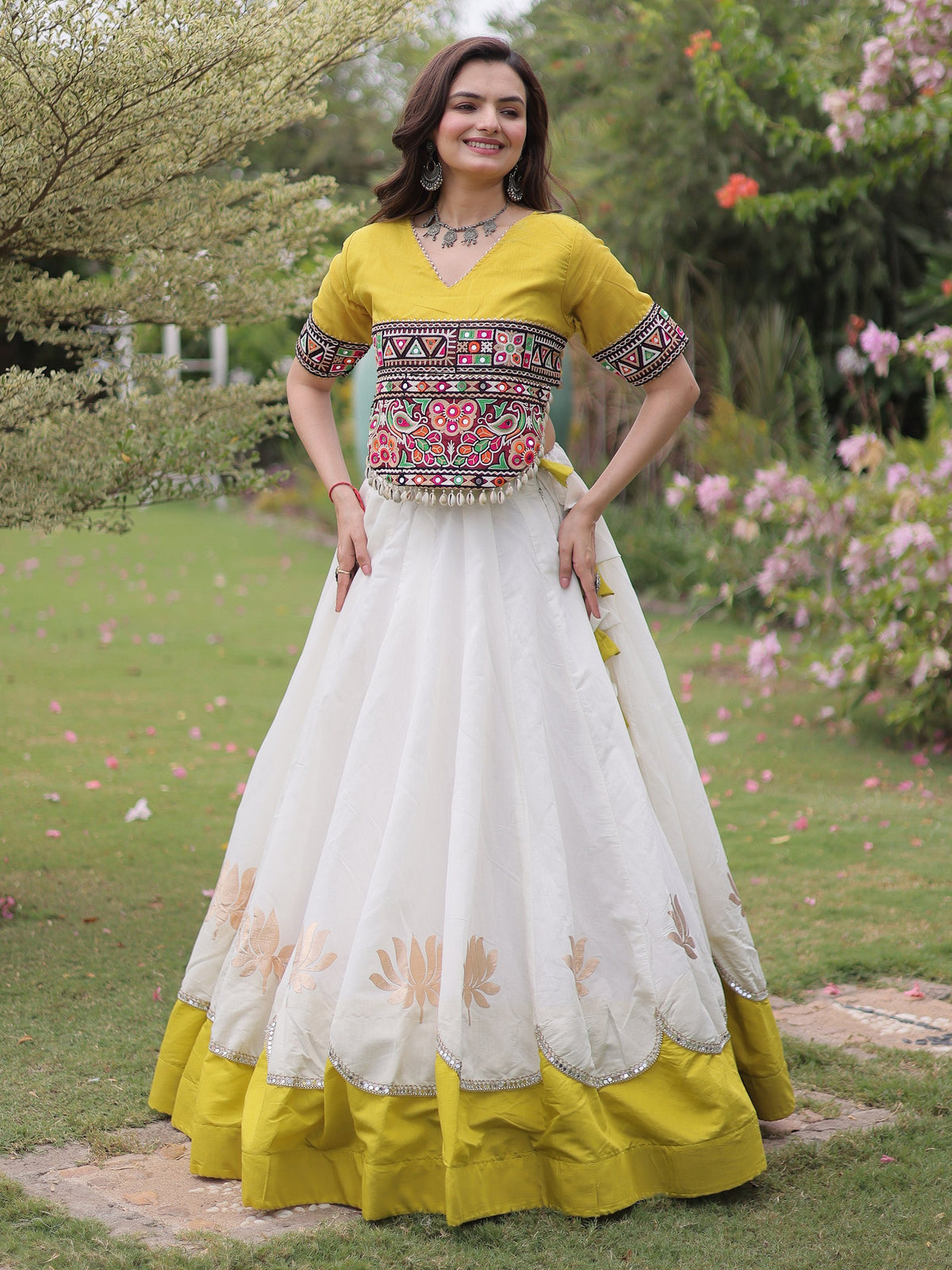 Heritage White Gamthi Work Silk Navratri Wear Lehenga Choli