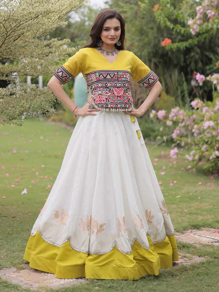 Heritage White Gamthi Work Silk Navratri Wear Lehenga Choli