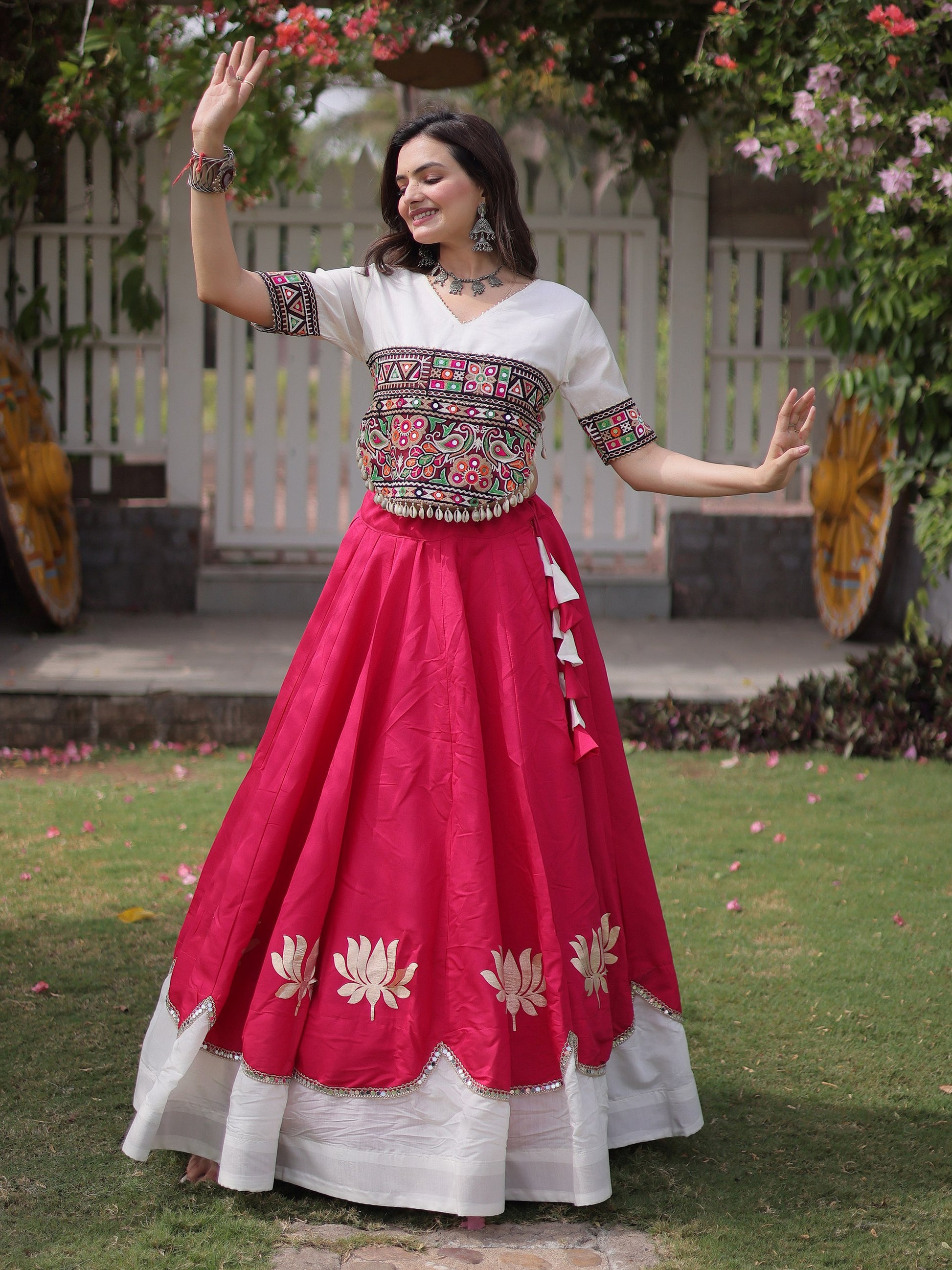 Radiant Pink Kutchi Work Silk Navratri Wear Lehenga Choli