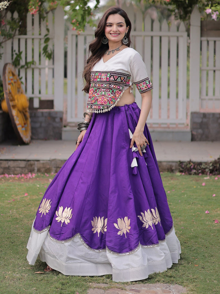 Great Purple Mirror Lace Work Silk Navratri Wear Lehenga Choli