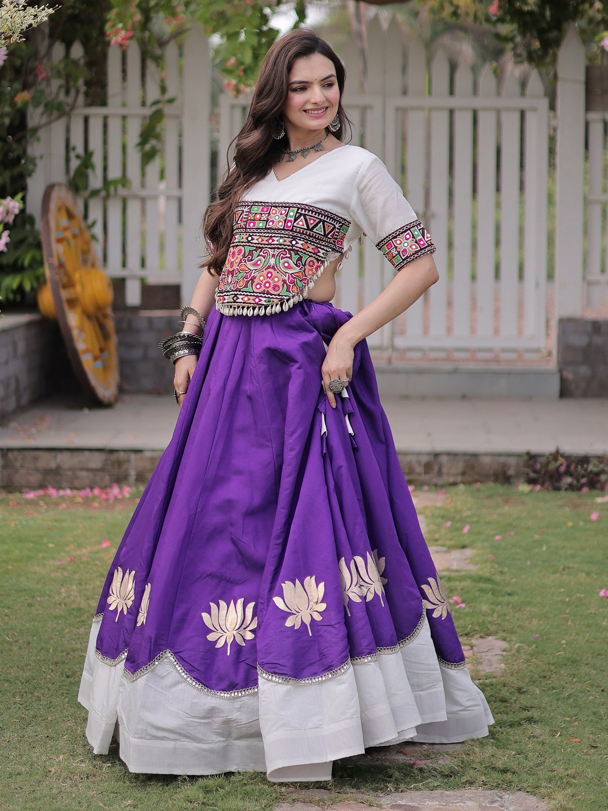 Great Purple Mirror Lace Work Silk Navratri Wear Lehenga Choli