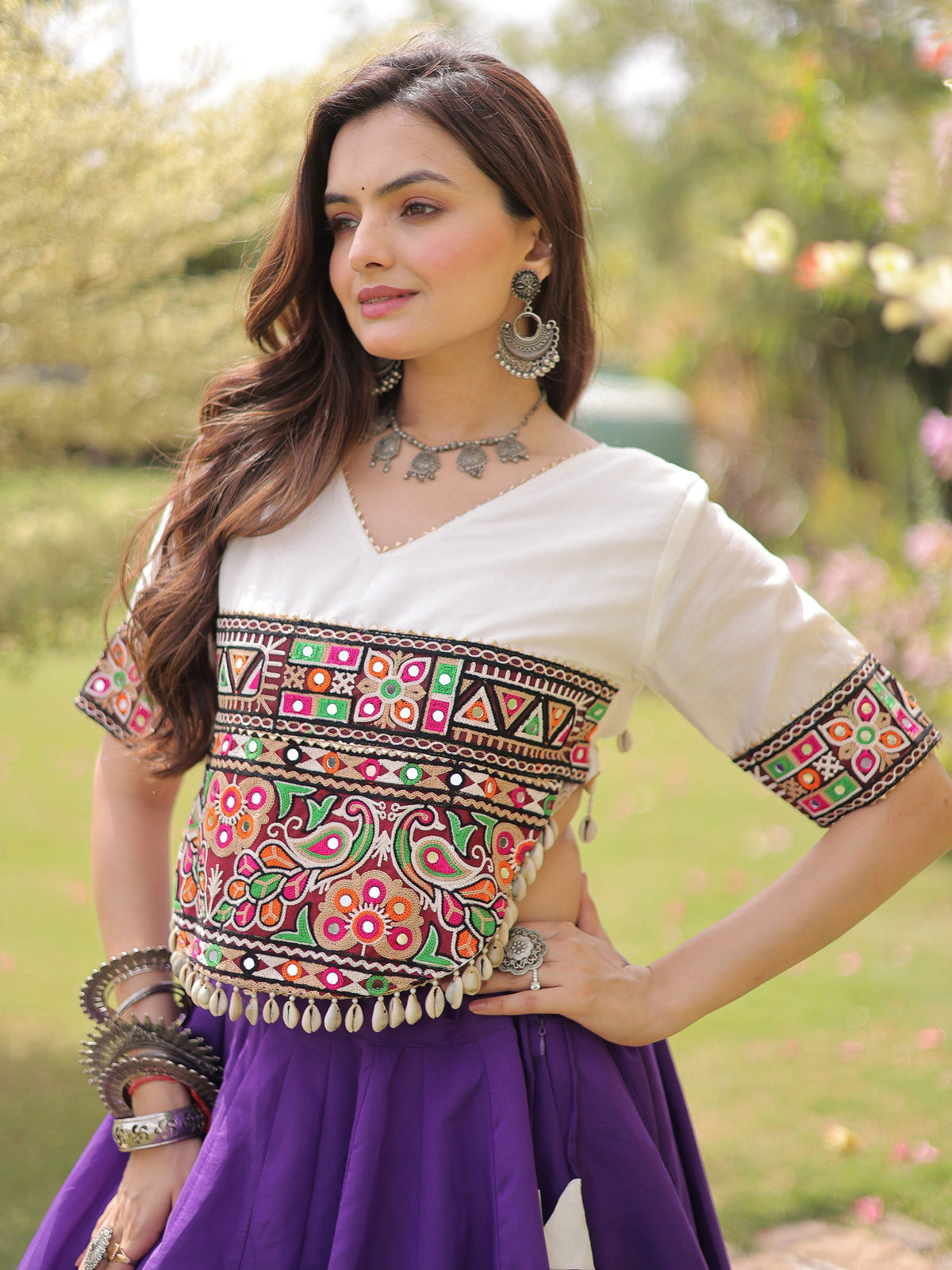 Great Purple Mirror Lace Work Silk Navratri Wear Lehenga Choli