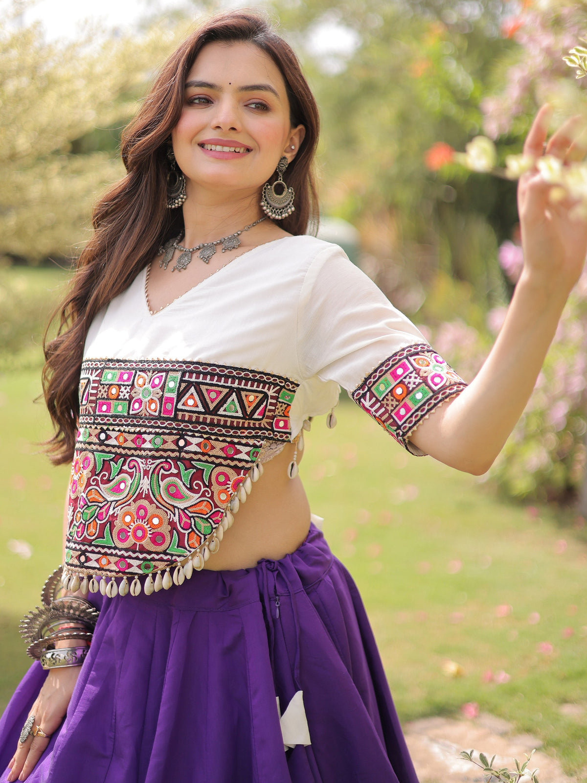 Great Purple Mirror Lace Work Silk Navratri Wear Lehenga Choli