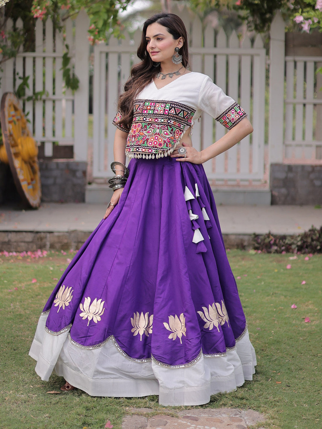 Great Purple Mirror Lace Work Silk Navratri Wear Lehenga Choli