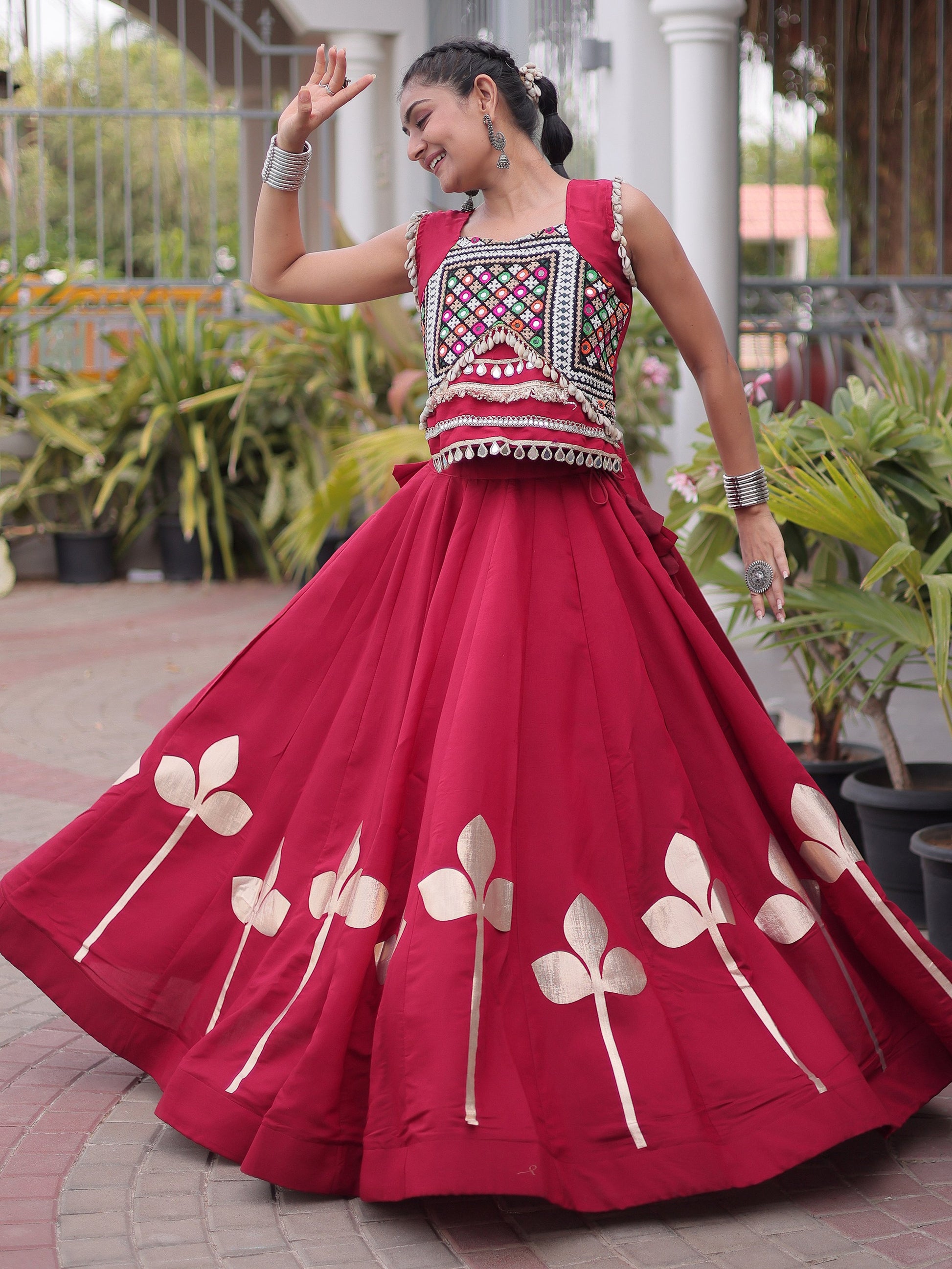 Impressive Maroon Gamthi Work Silk Navratri Wear Lehenga Choli