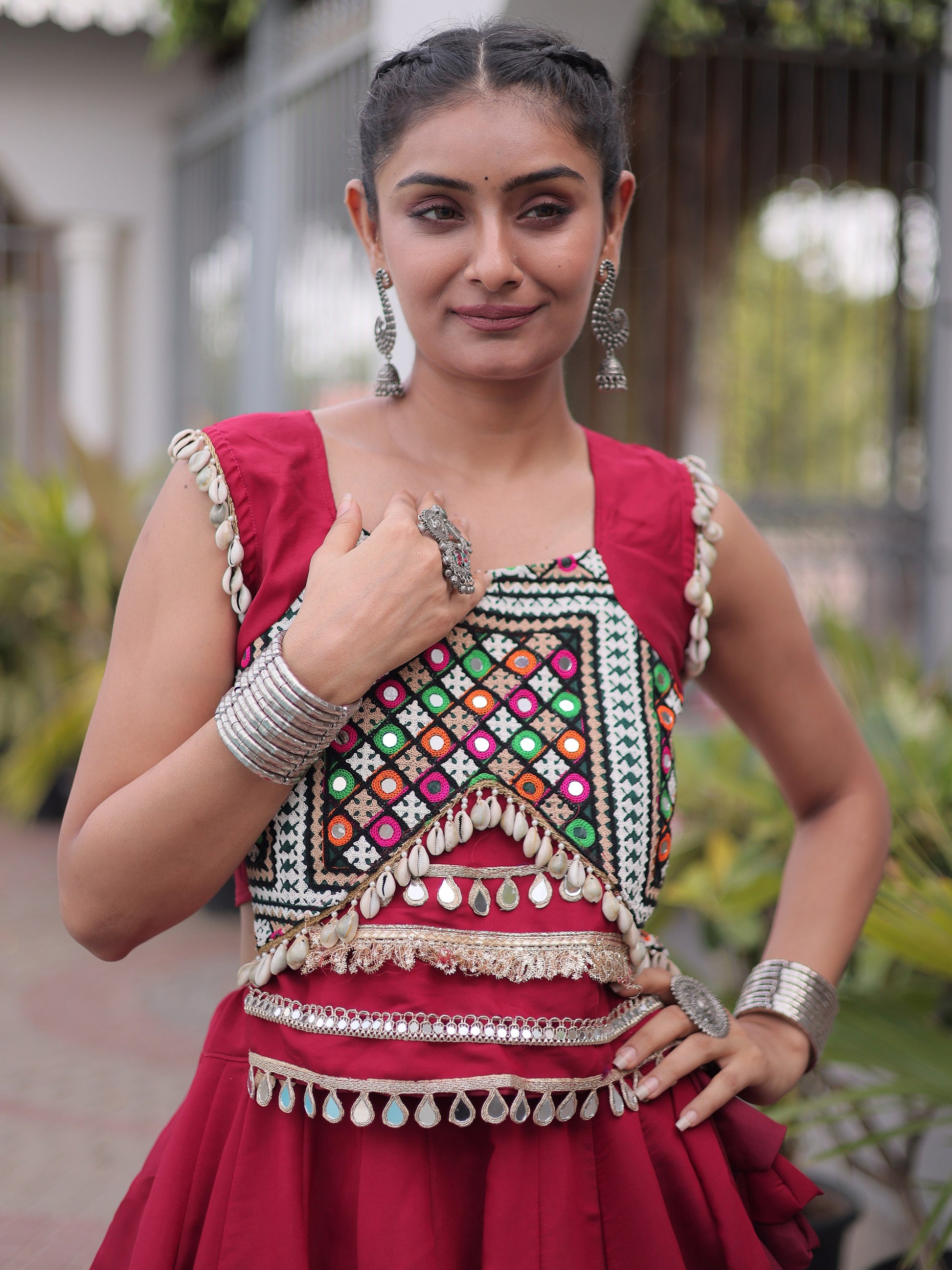 Impressive Maroon Gamthi Work Silk Navratri Wear Lehenga Choli