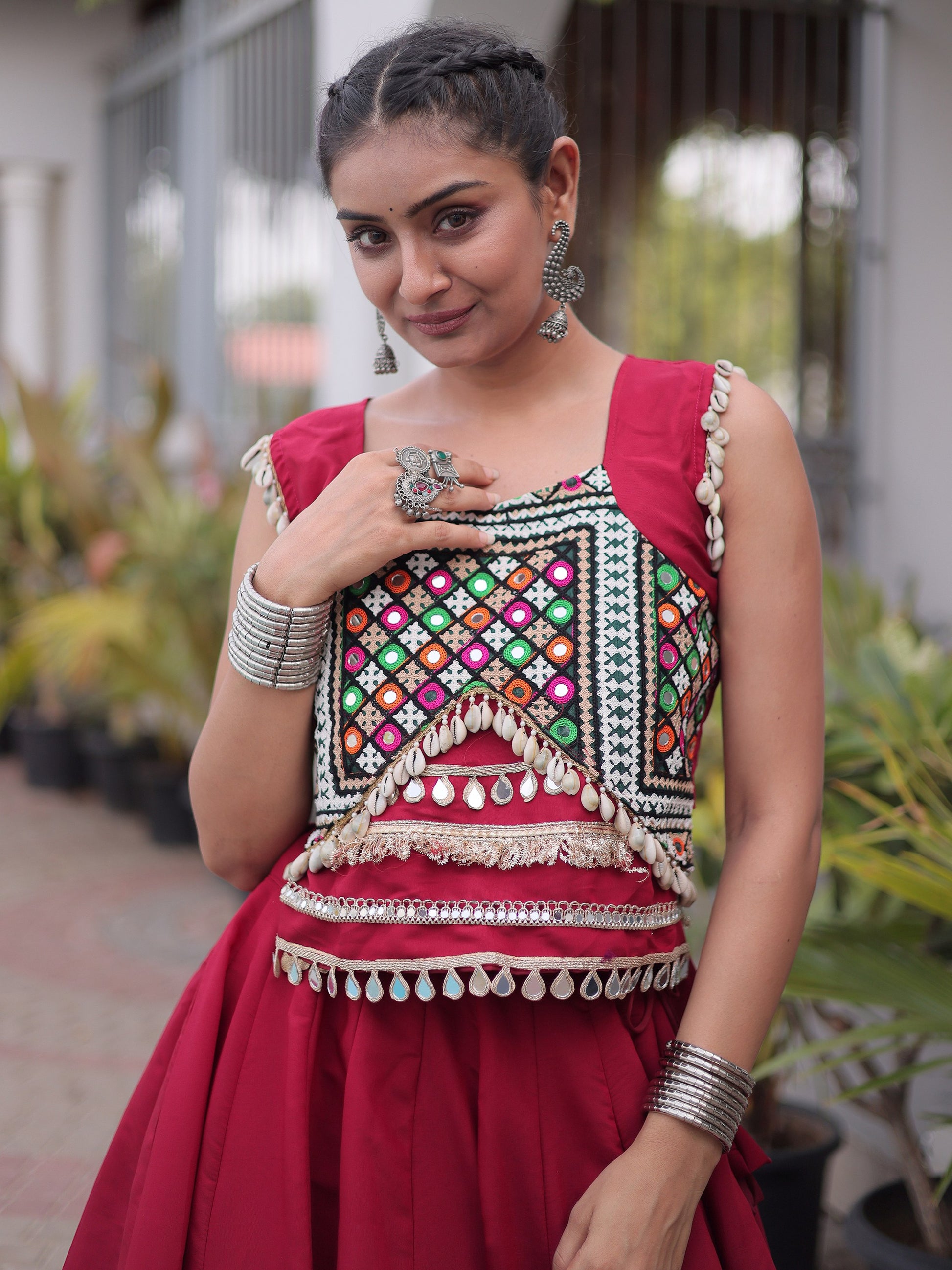 Impressive Maroon Gamthi Work Silk Navratri Wear Lehenga Choli