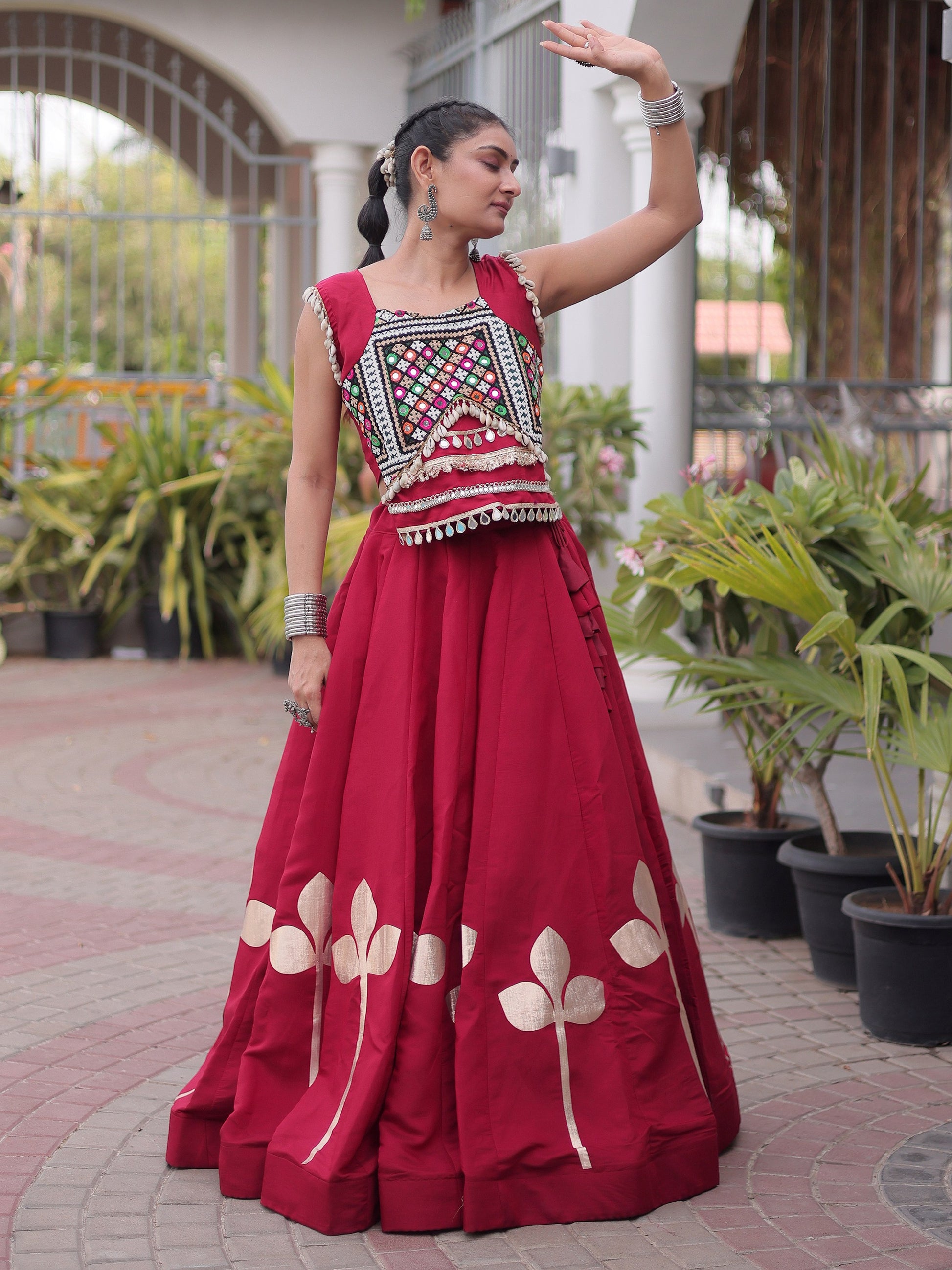 Impressive Maroon Gamthi Work Silk Navratri Wear Lehenga Choli