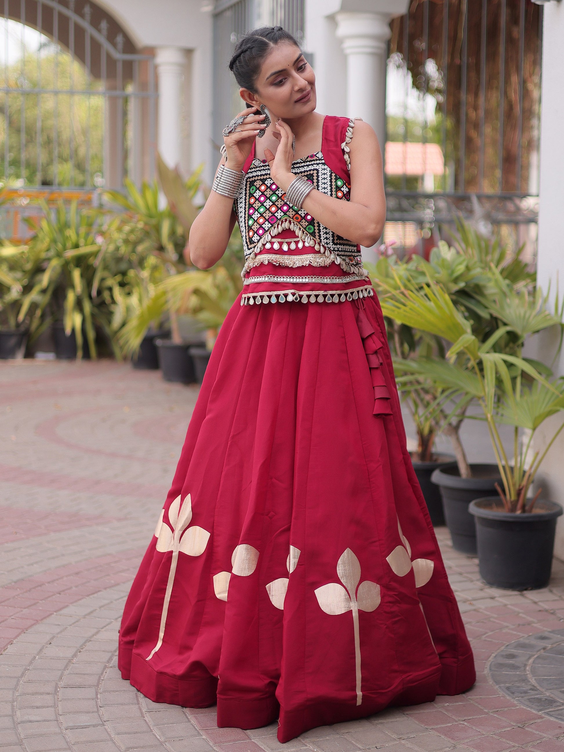Impressive Maroon Gamthi Work Silk Navratri Wear Lehenga Choli
