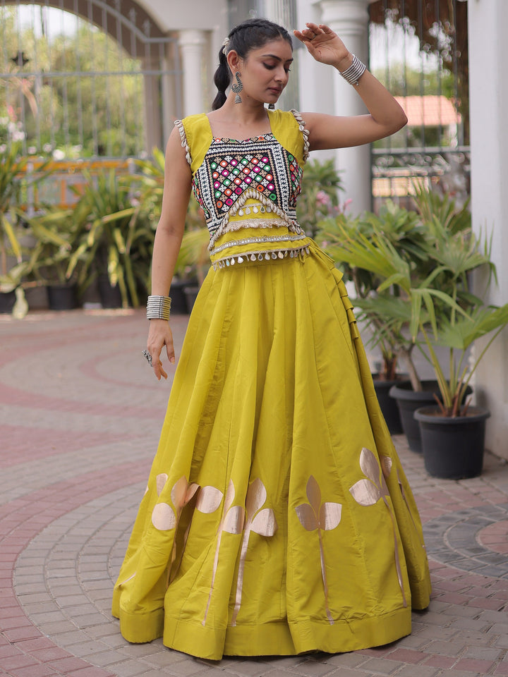 Gorgeous Parrot Green Kutchi Work Silk Navratri Wear Lehenga Choli