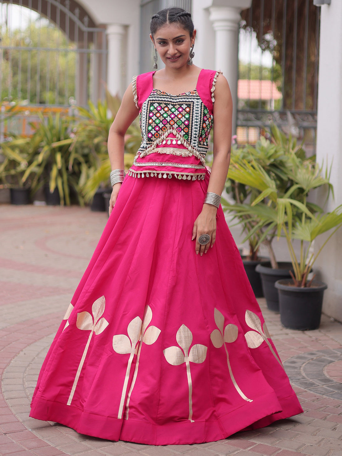 Fantastic Pink Gamthi Work Silk Navratri Wear Lehenga Choli