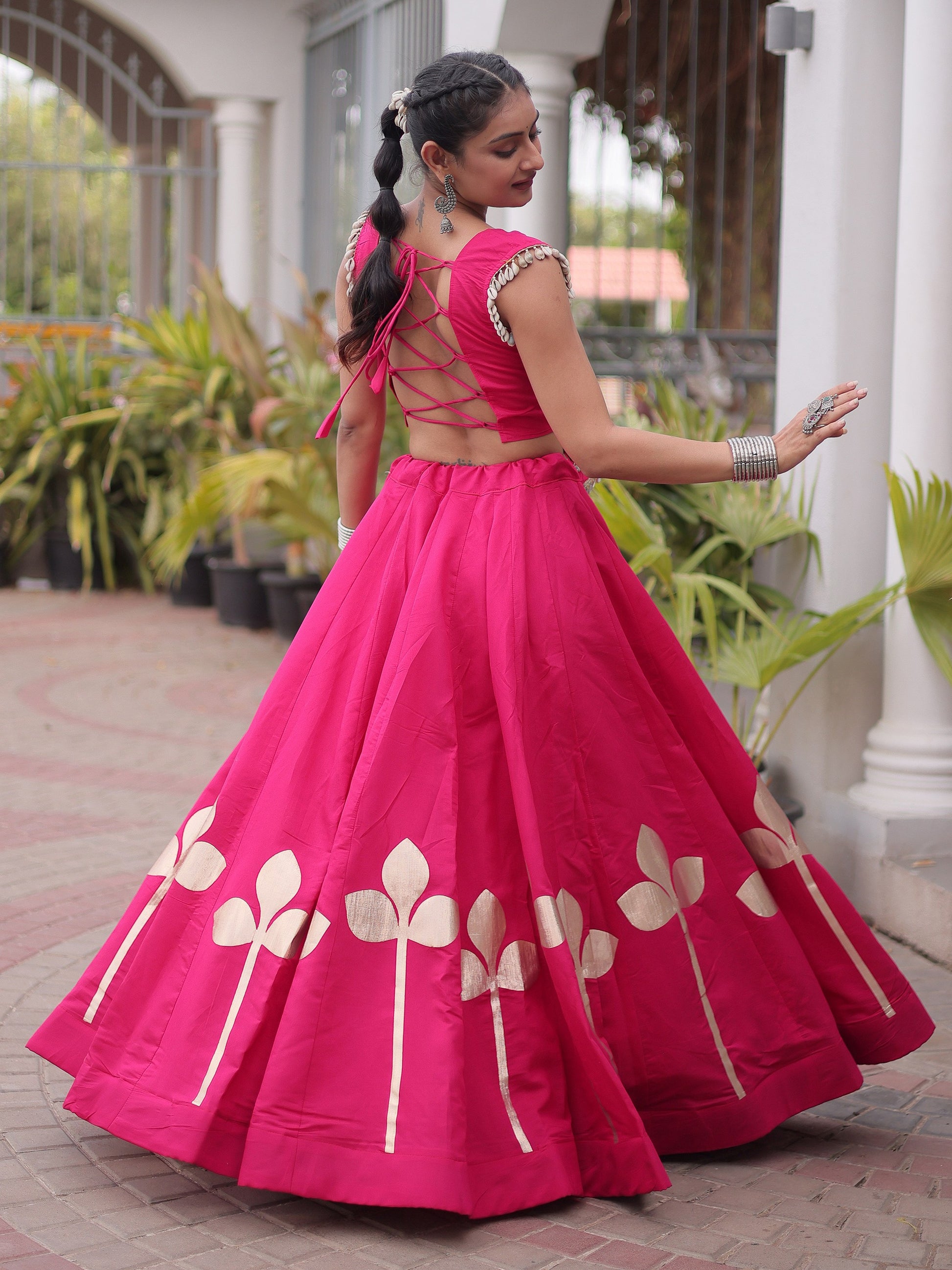 Fantastic Pink Gamthi Work Silk Navratri Wear Lehenga Choli