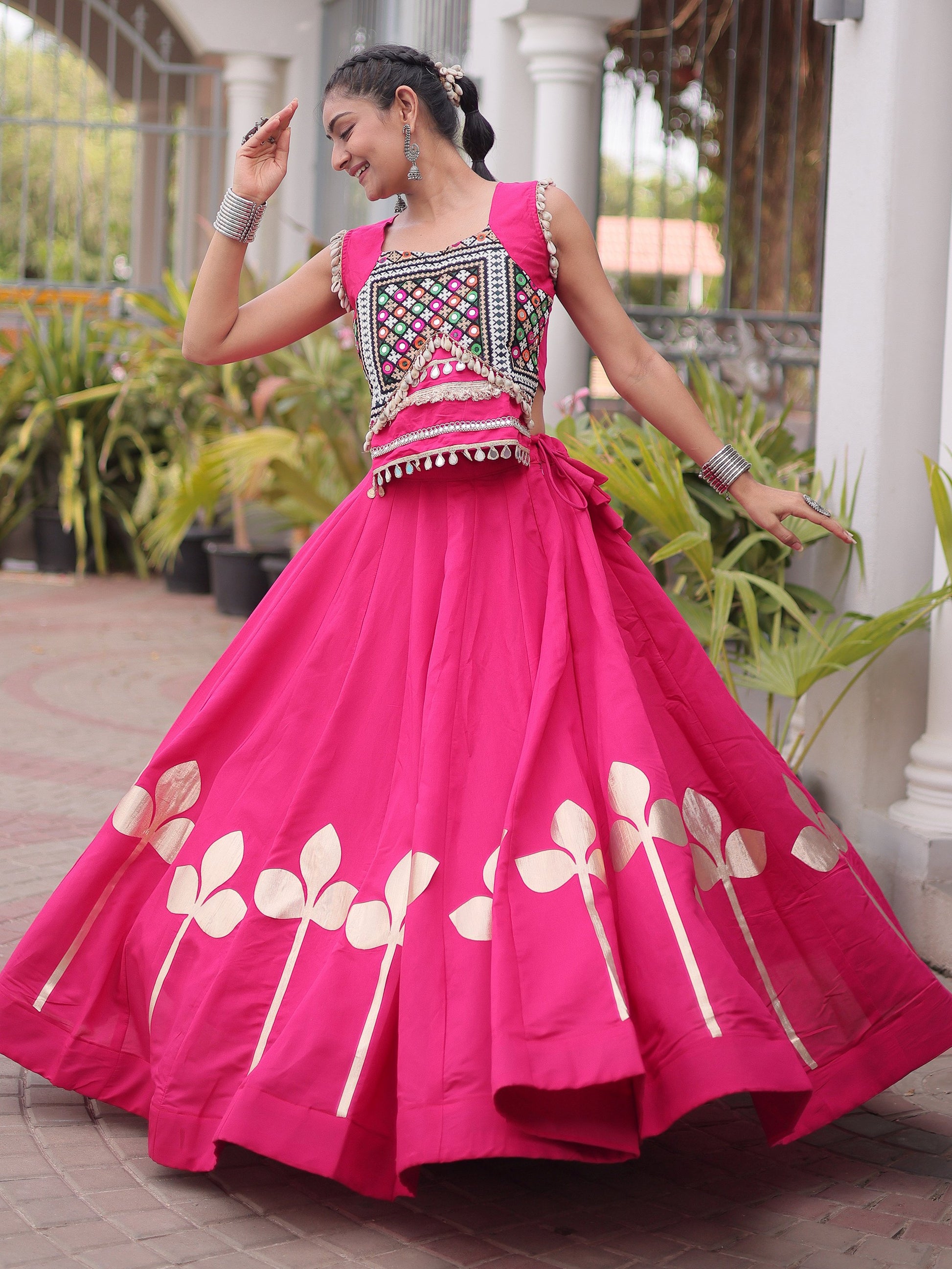 Fantastic Pink Gamthi Work Silk Navratri Wear Lehenga Choli