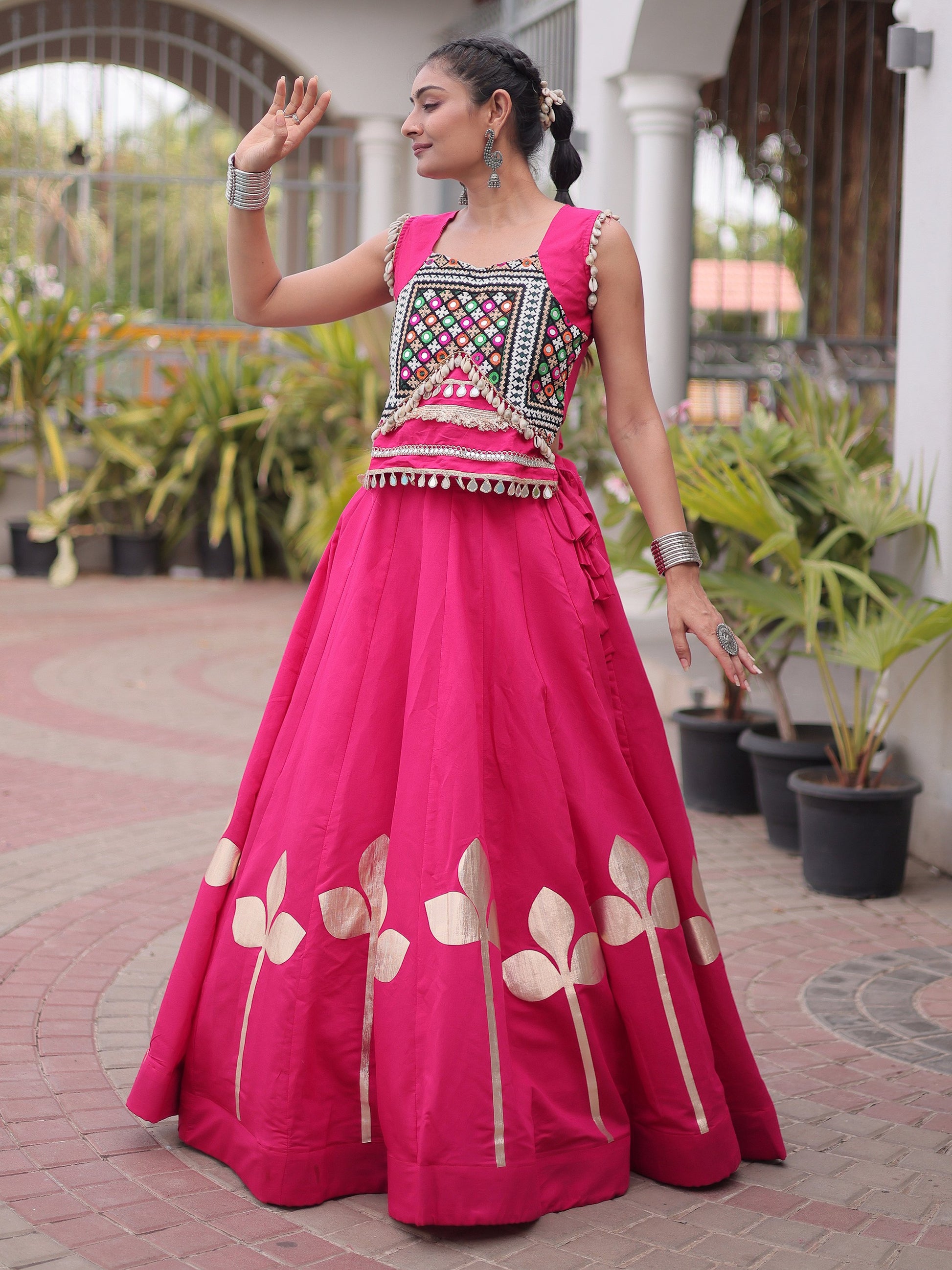 Fantastic Pink Gamthi Work Silk Navratri Wear Lehenga Choli