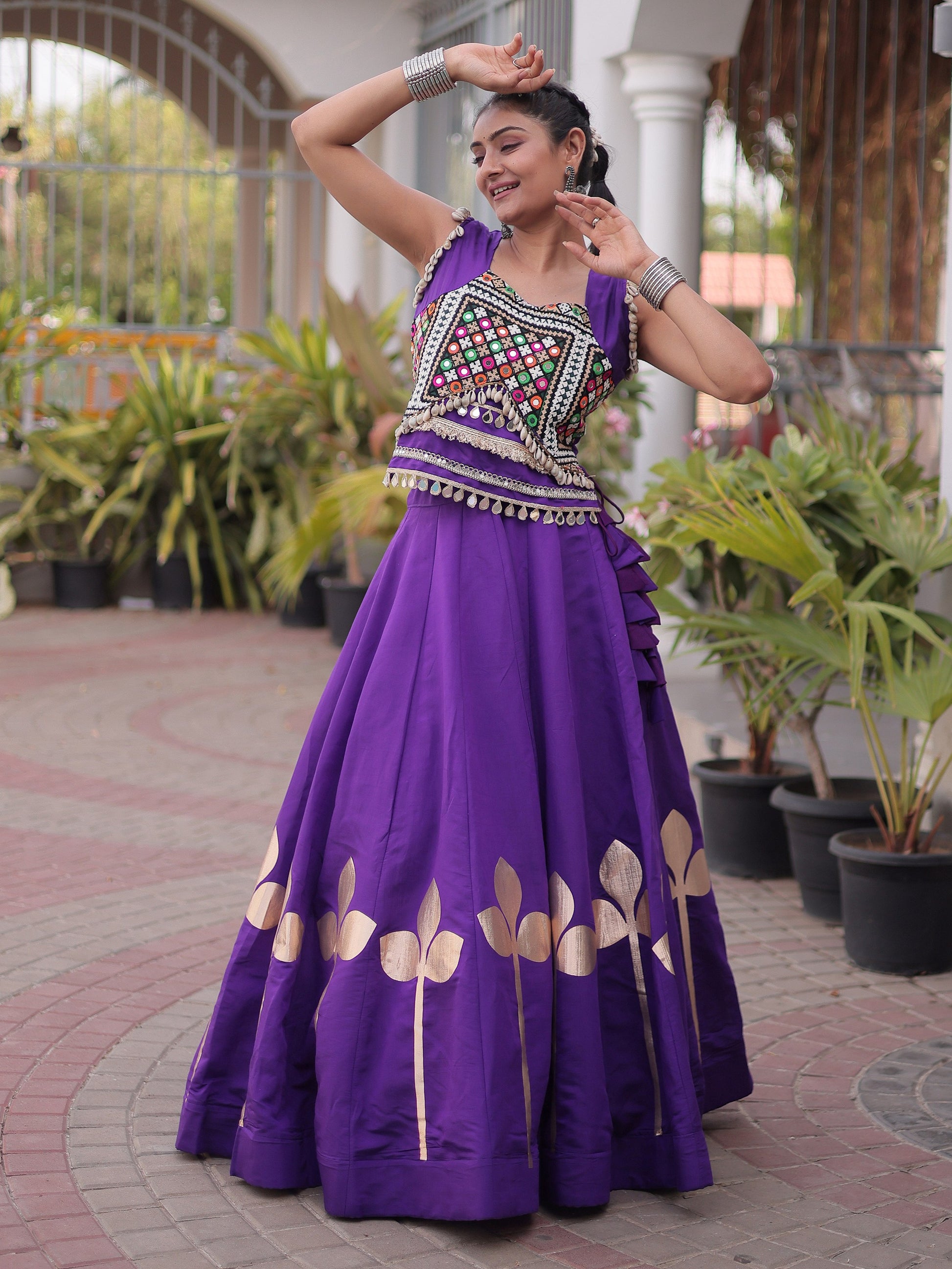 Elegant Purple Gamthi Work Silk Navratri Wear Lehenga Choli