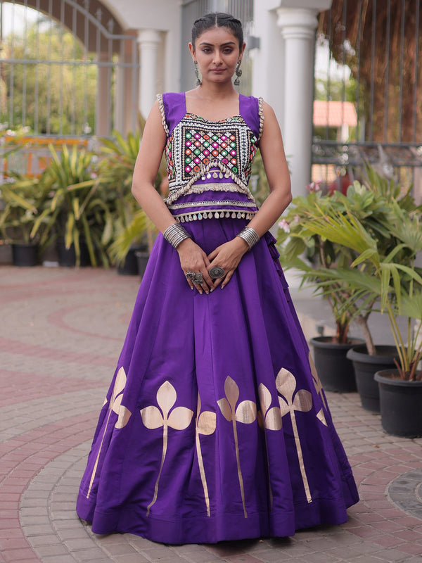 Elegant Purple Gamthi Work Silk Navratri Wear Lehenga Choli