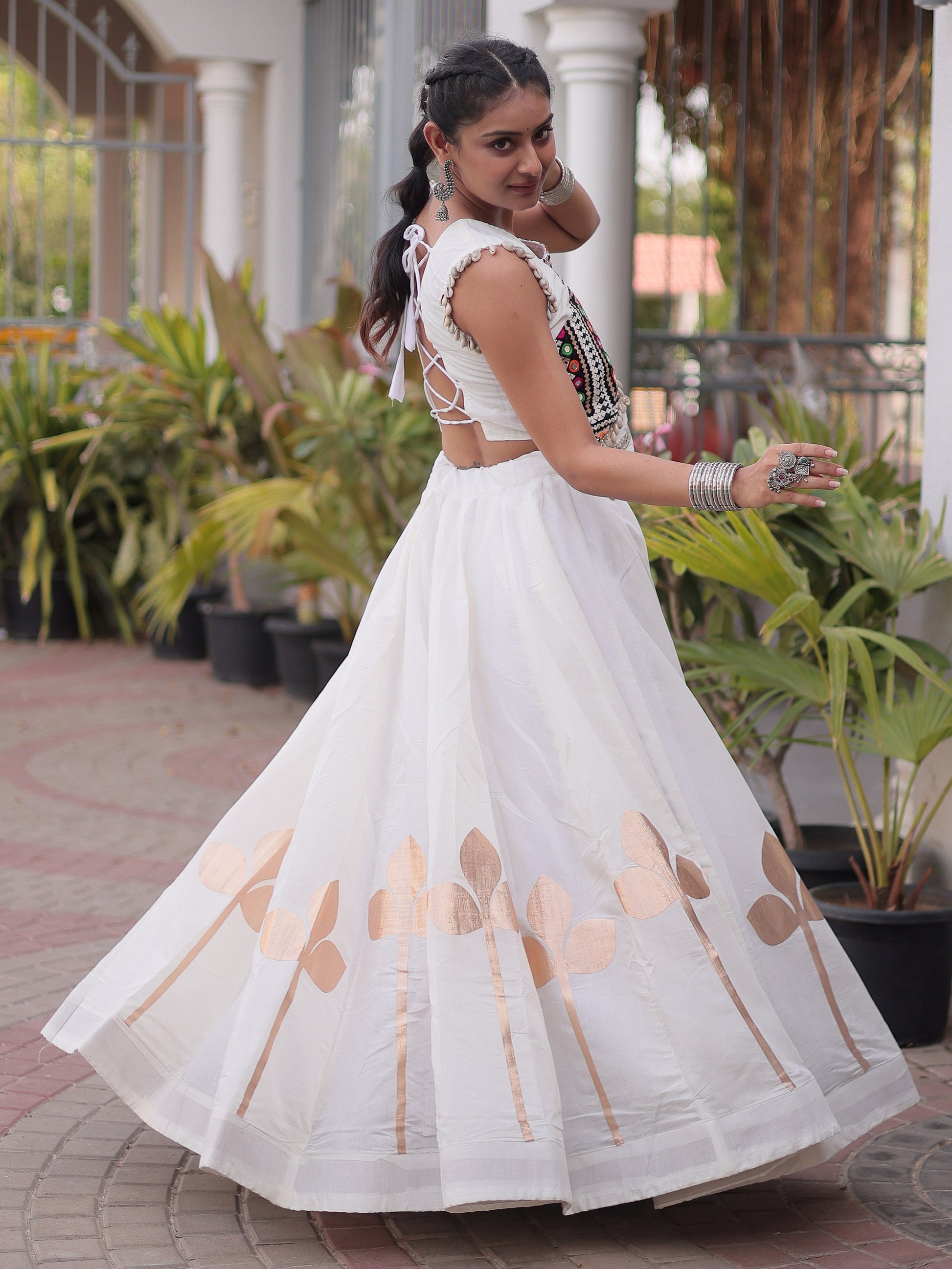 Stunning White Kutchi Work Silk Navratri Wear Lehenga Choli