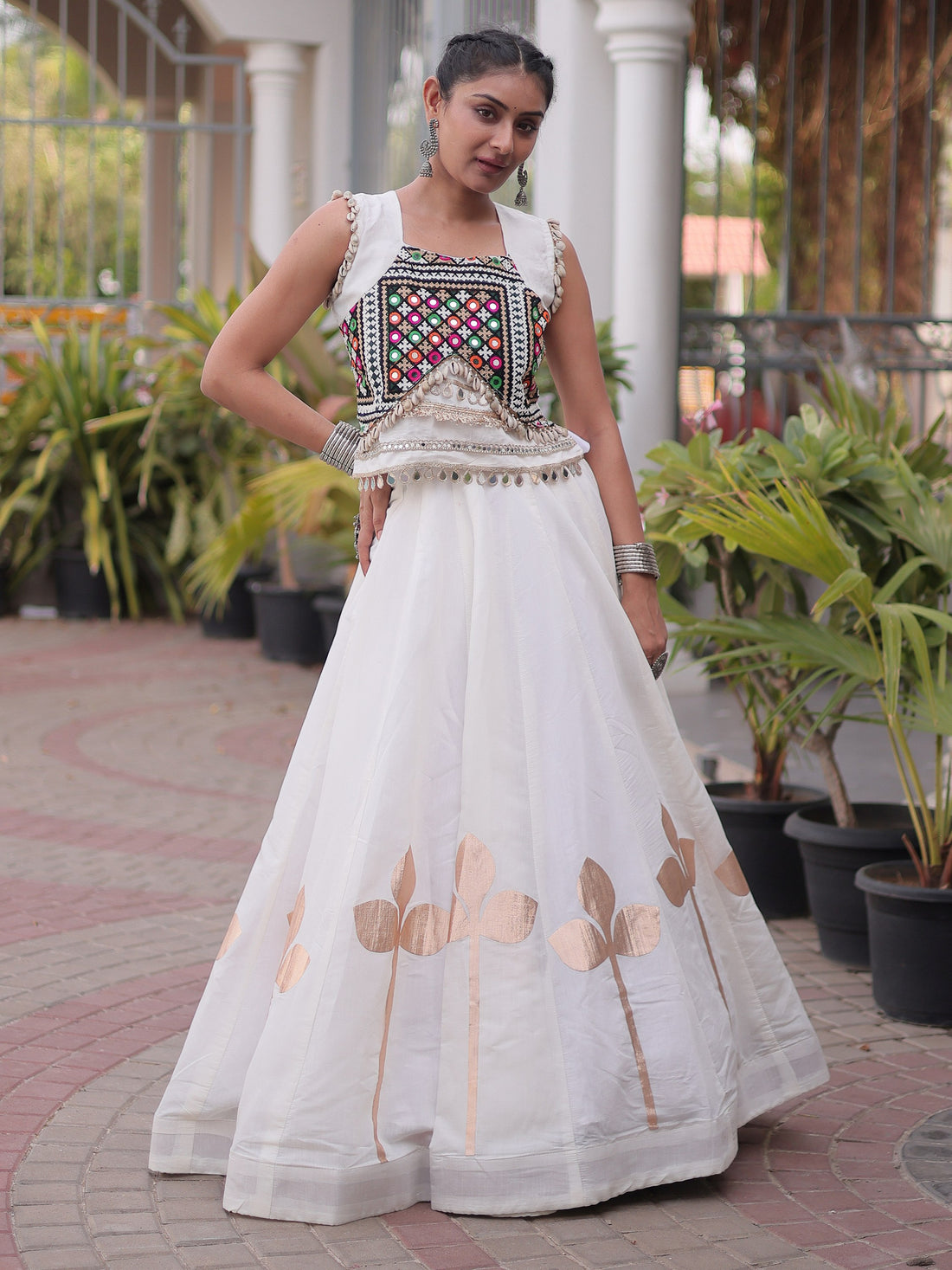 Stunning White Kutchi Work Silk Navratri Wear Lehenga Choli
