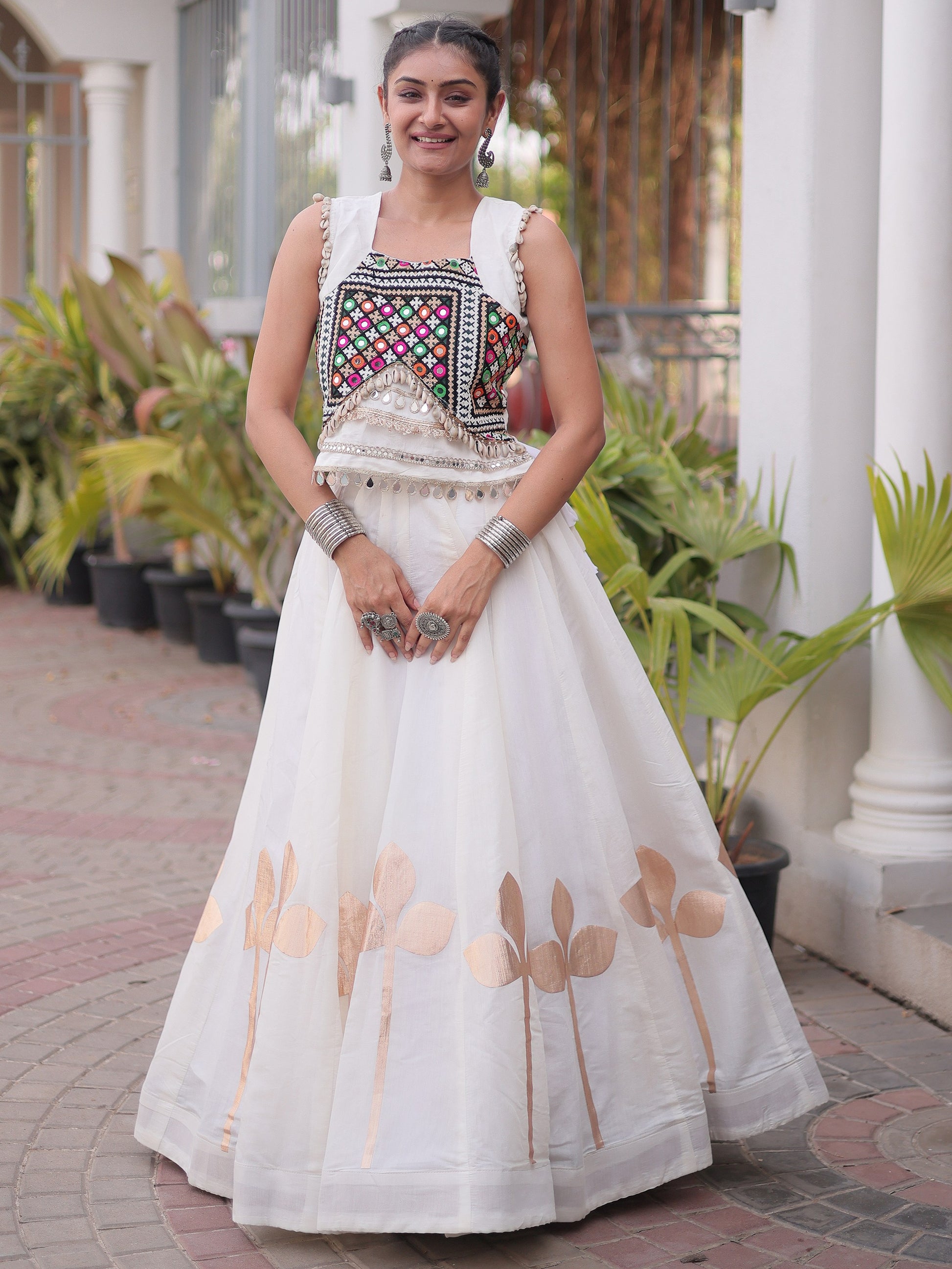 Stunning White Kutchi Work Silk Navratri Wear Lehenga Choli