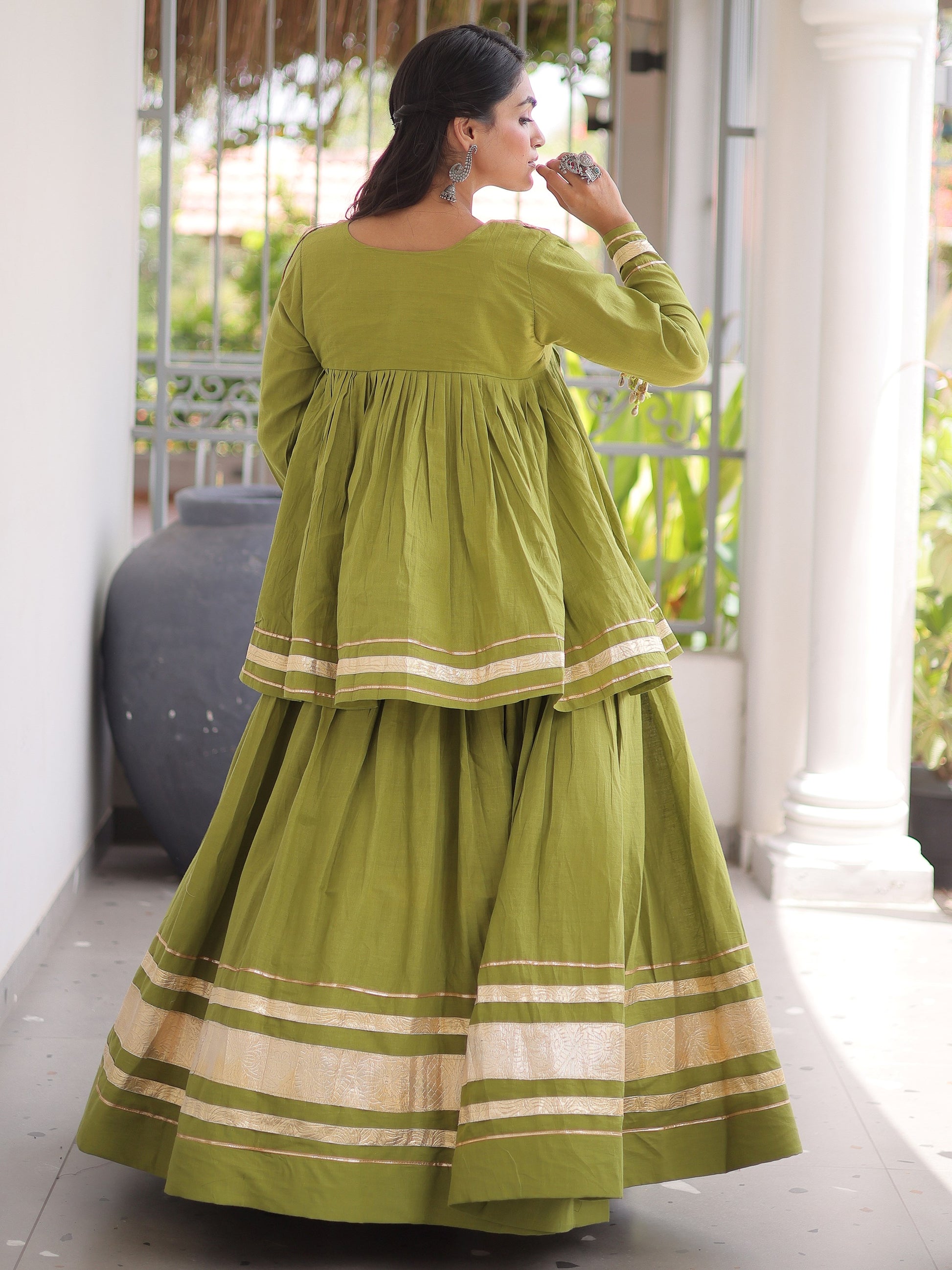 Elegant Parrot Green Gota Patti Cotton Navratri Wear Lehenga Choli 