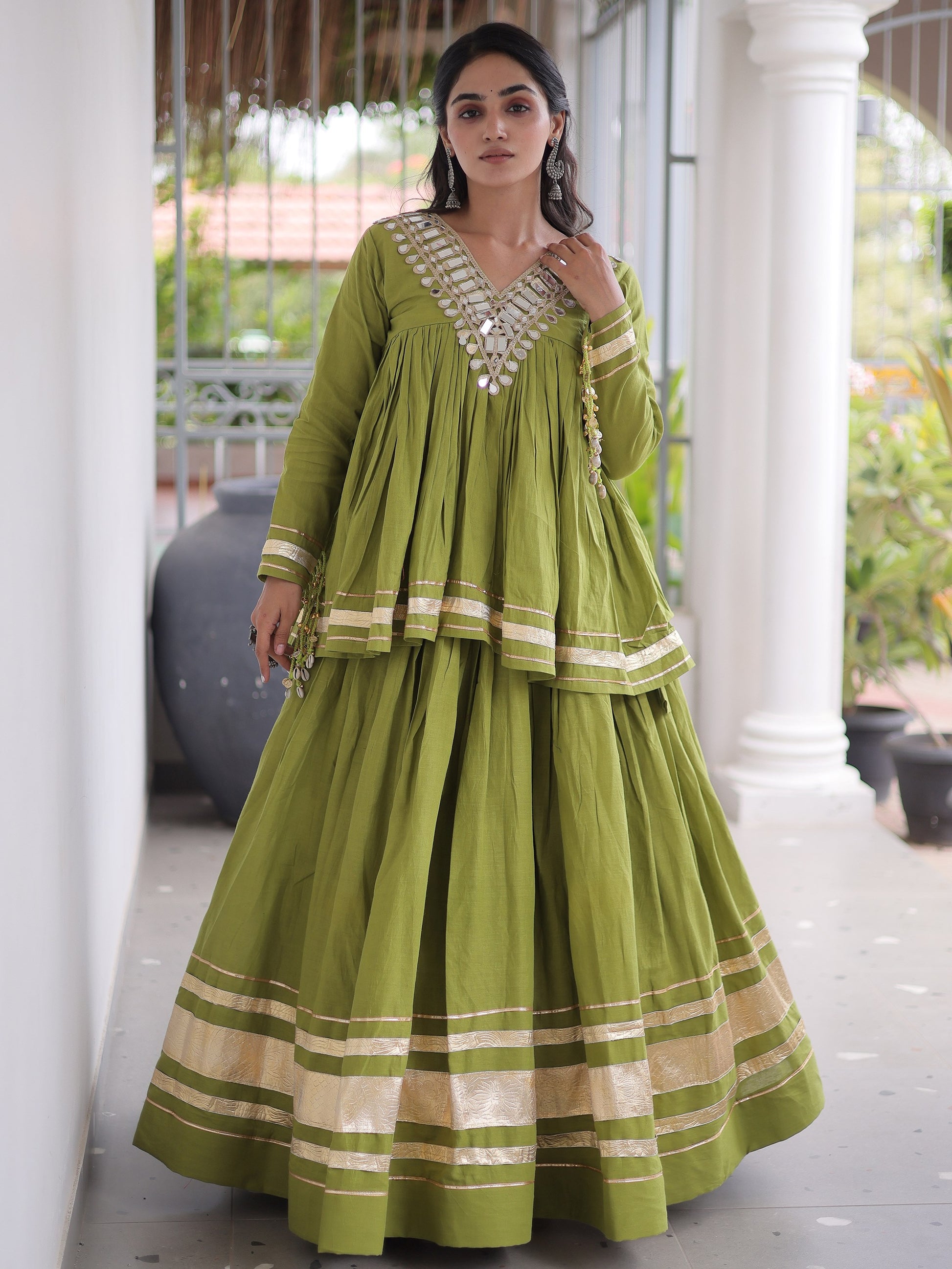 Elegant Parrot Green Gota Patti Cotton Navratri Wear Lehenga Choli 