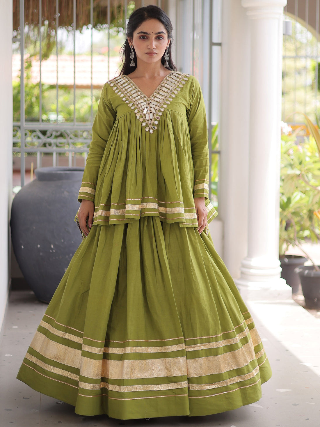 Elegant Parrot Green Gota Patti Cotton Navratri Wear Lehenga Choli 