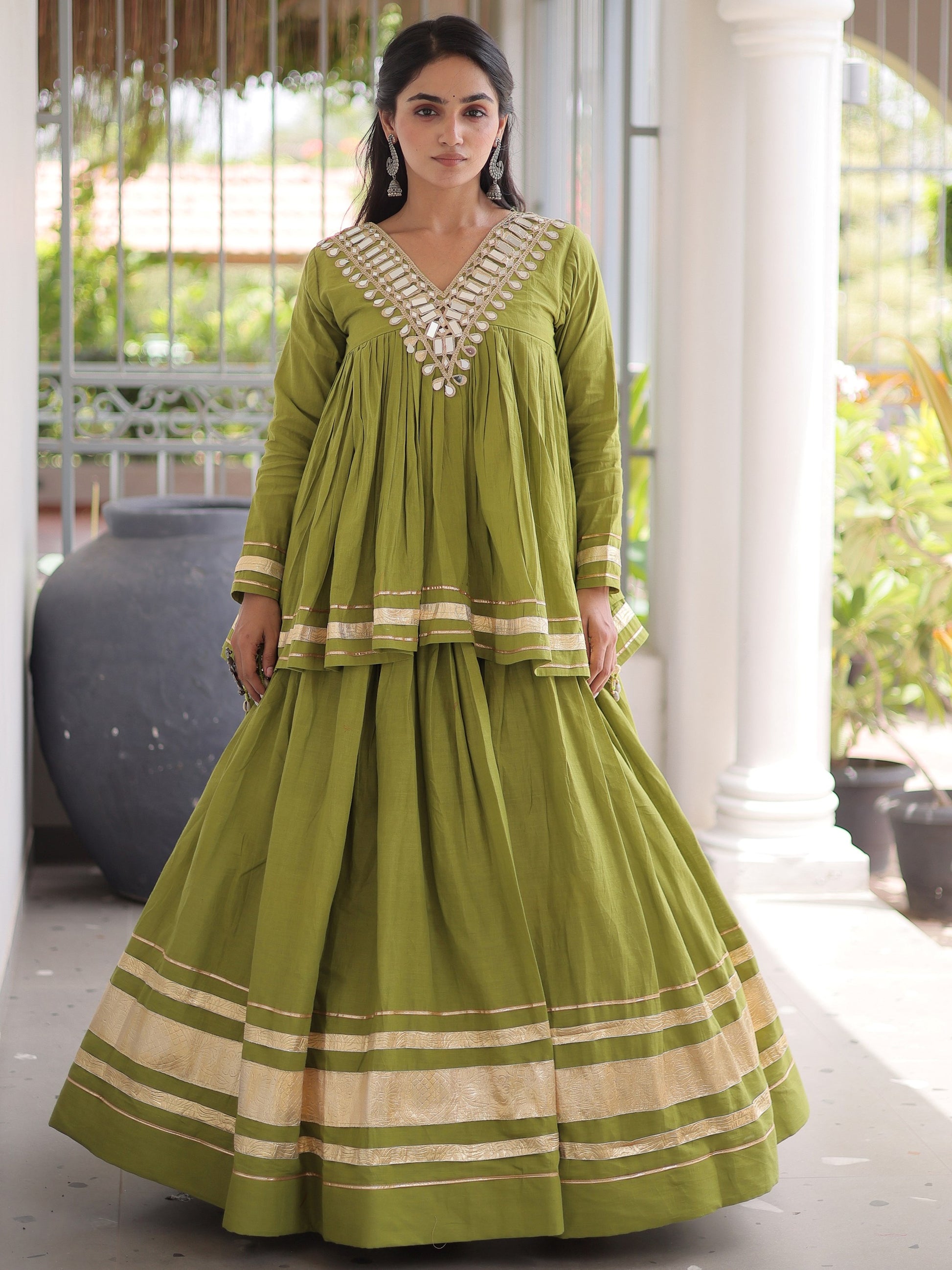 Elegant Parrot Green Gota Patti Cotton Navratri Wear Lehenga Choli 