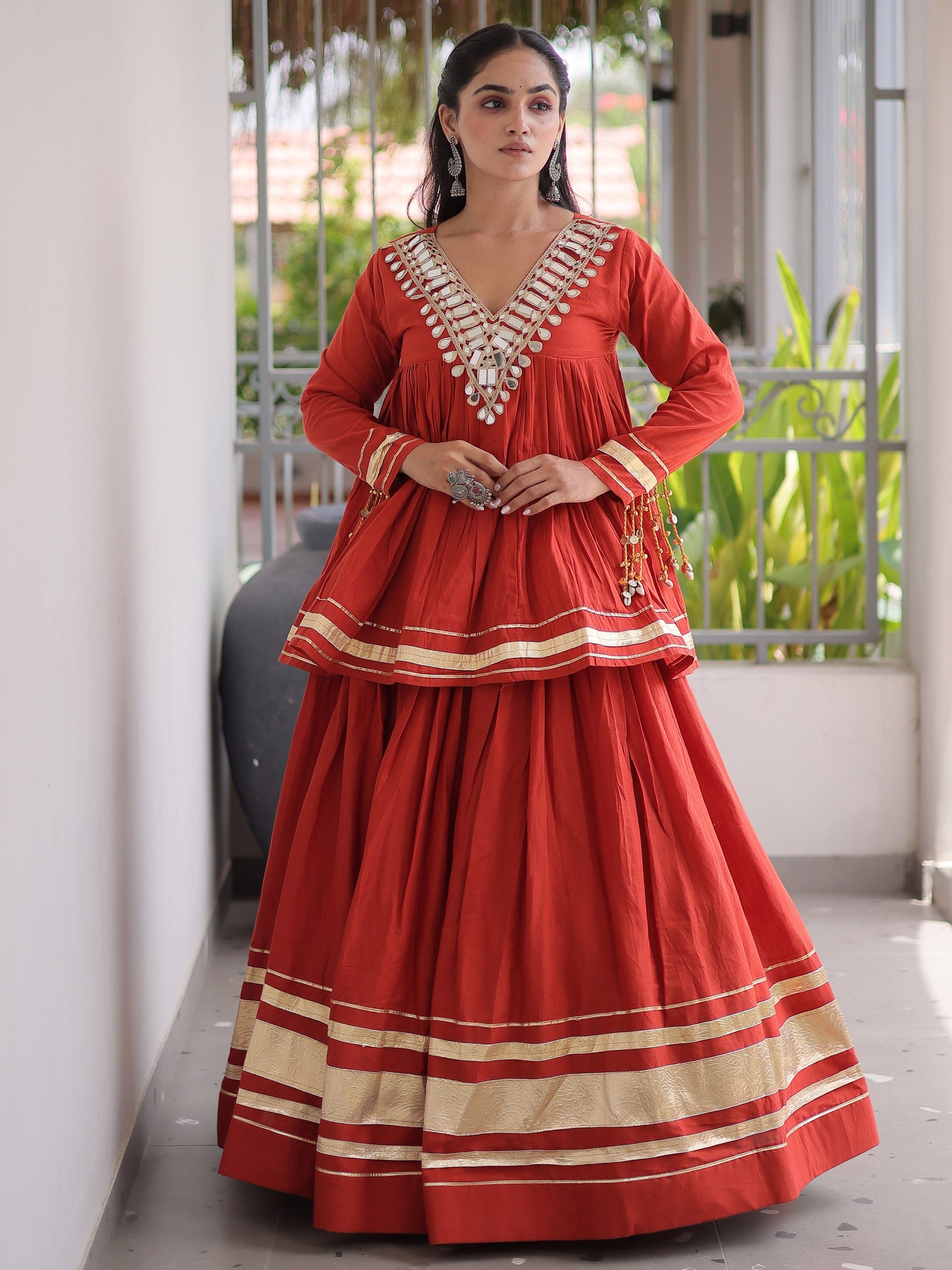 Stunning Rust Zari Cotton Navratri Wear Lehenga Choli 