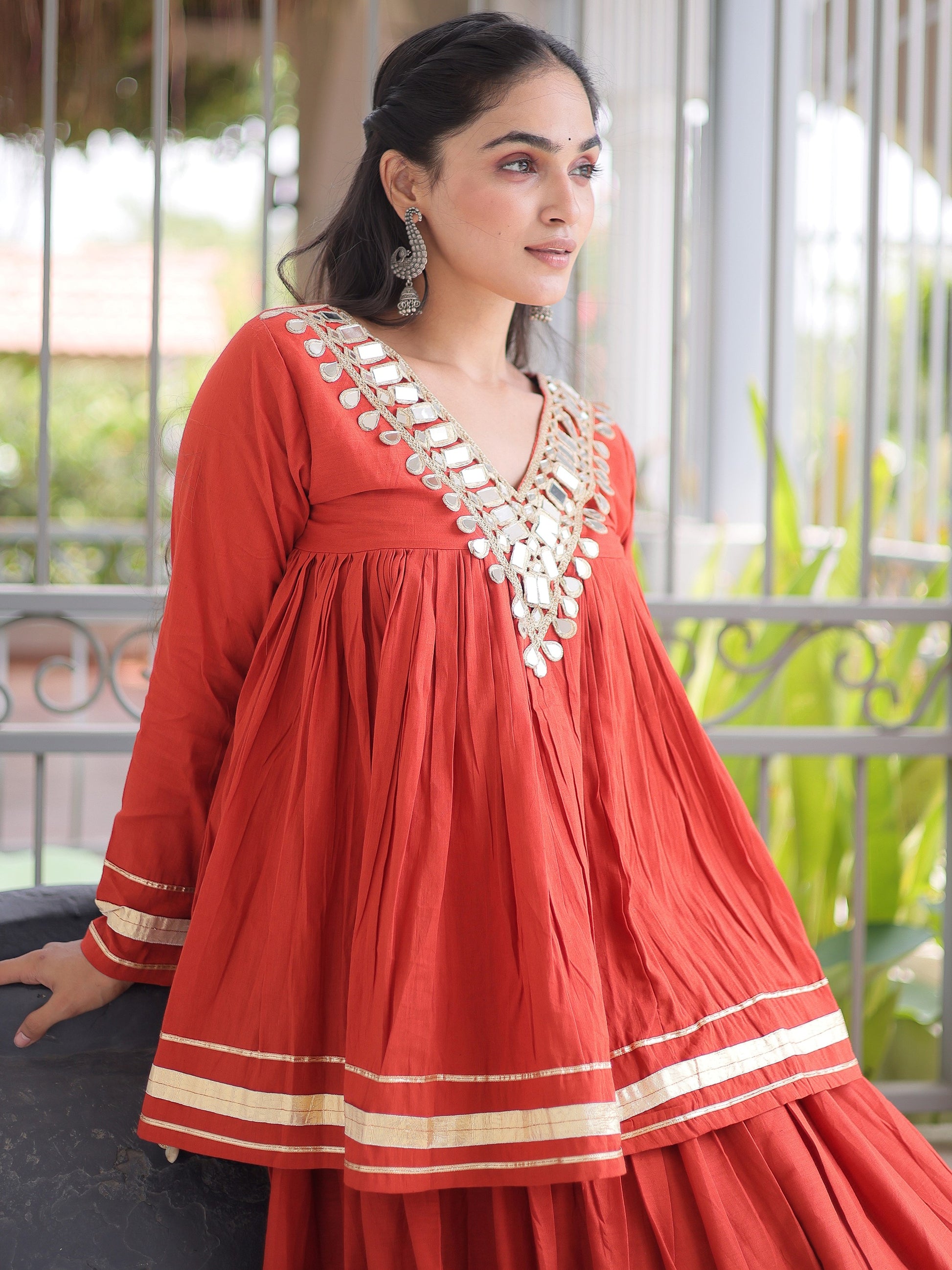 Stunning Rust Zari Cotton Navratri Wear Lehenga Choli 