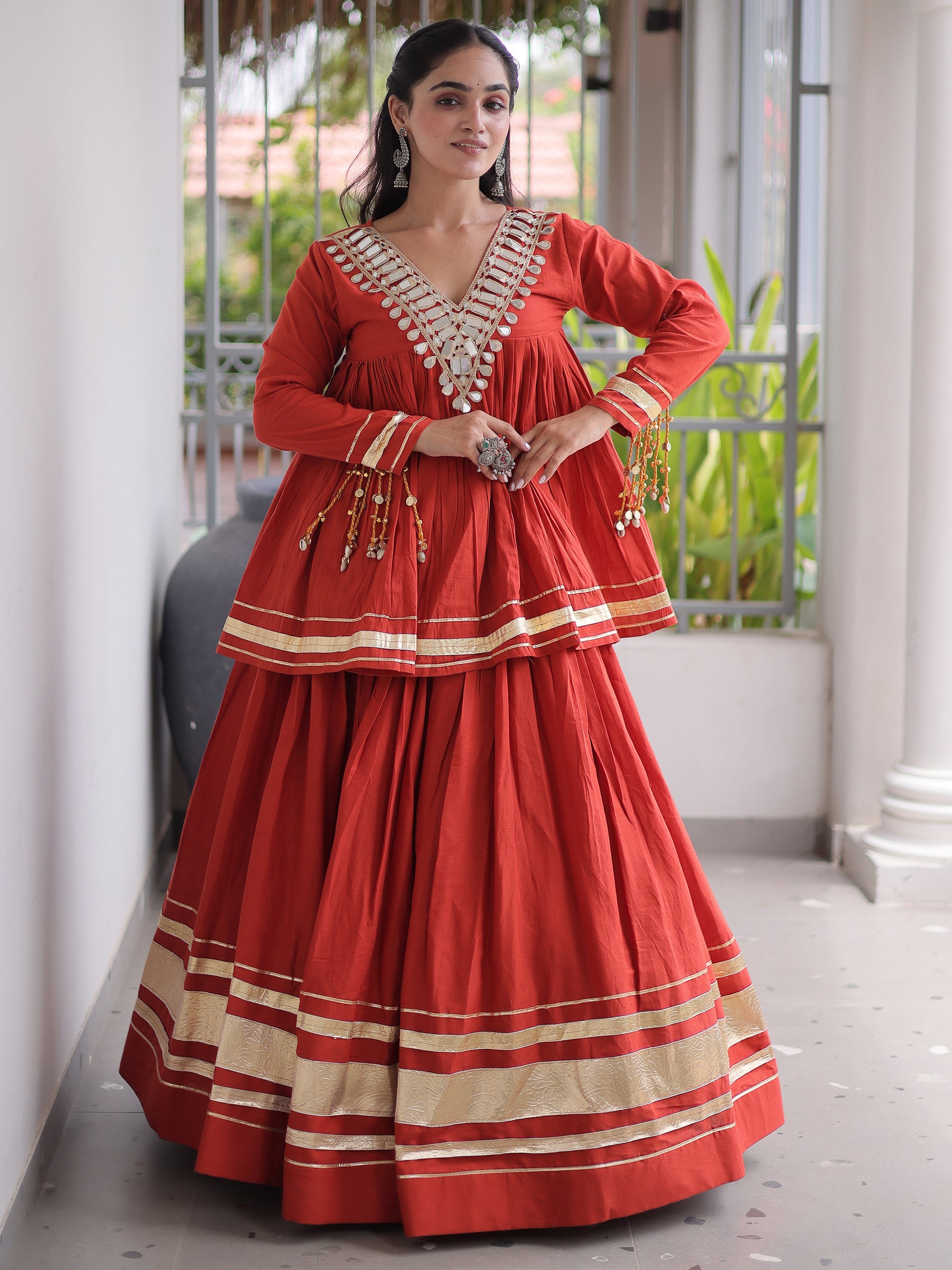 Stunning Rust Zari Cotton Navratri Wear Lehenga Choli 