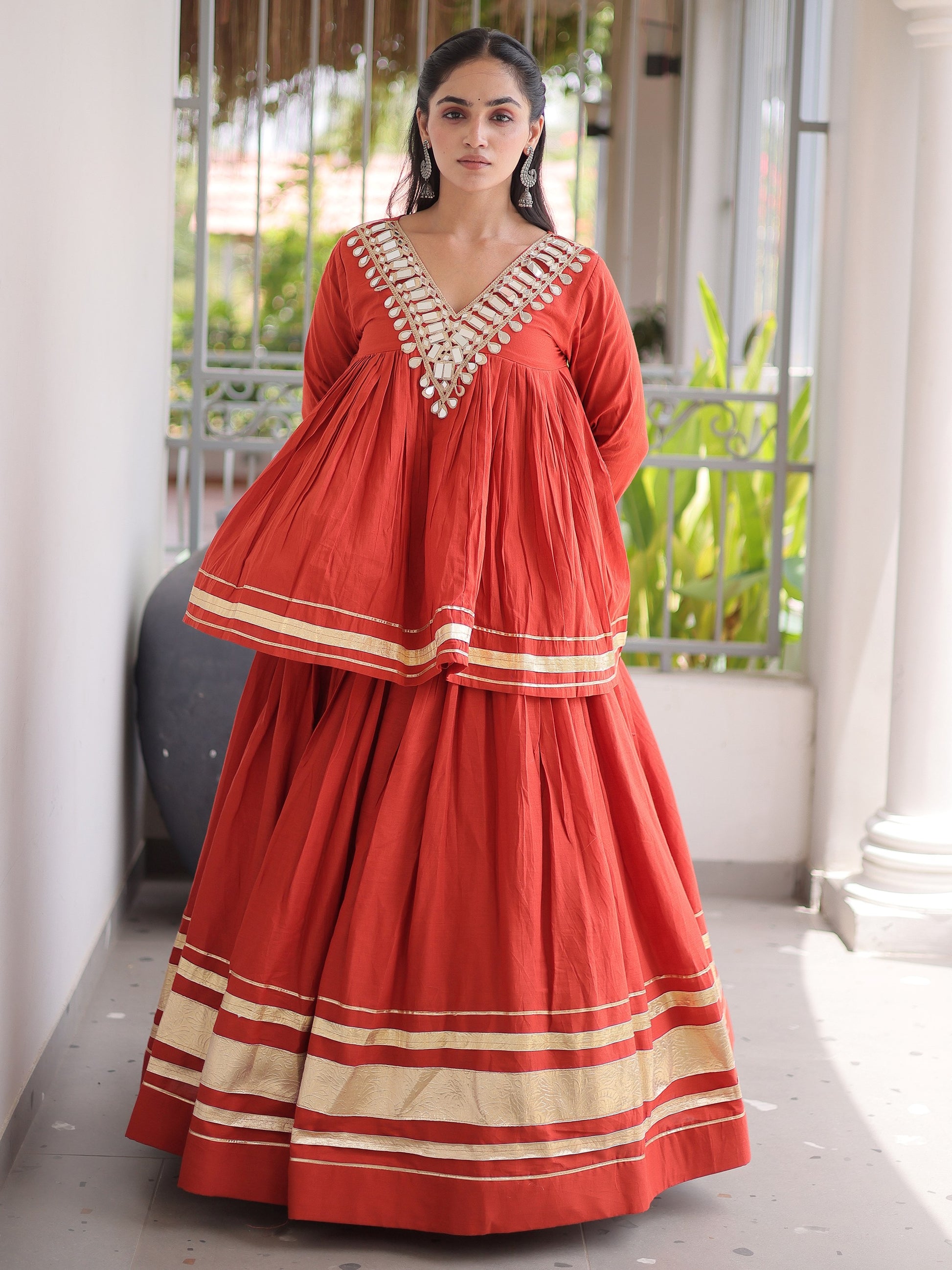 Stunning Rust Zari Cotton Navratri Wear Lehenga Choli 