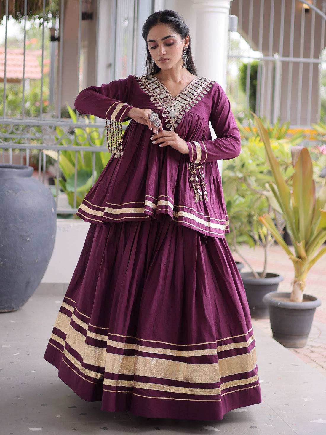 Impressive Wine Zari Work Cotton Navratri Wear Lehenga Choli 