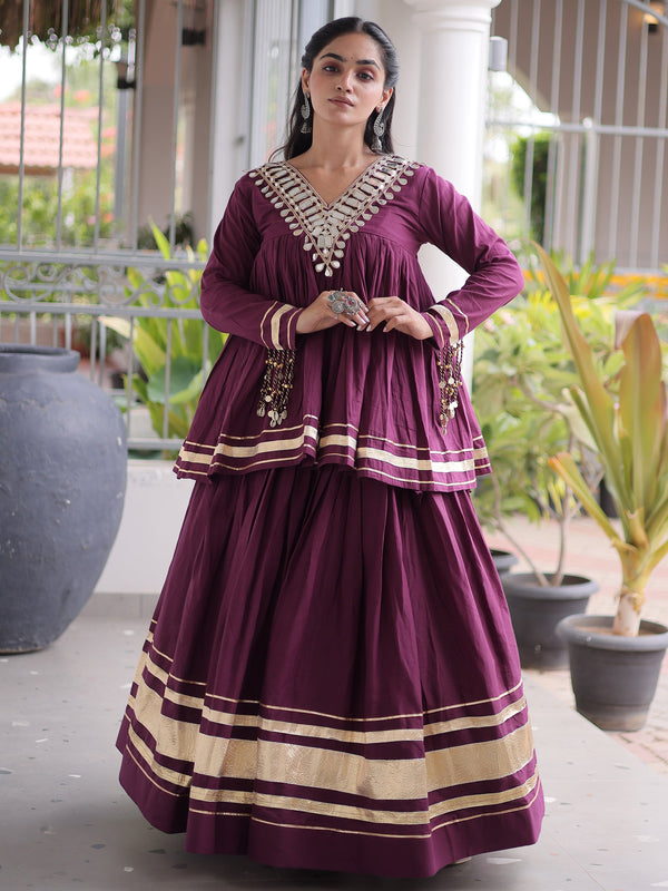 Impressive Wine Zari Work Cotton Navratri Wear Lehenga Choli 