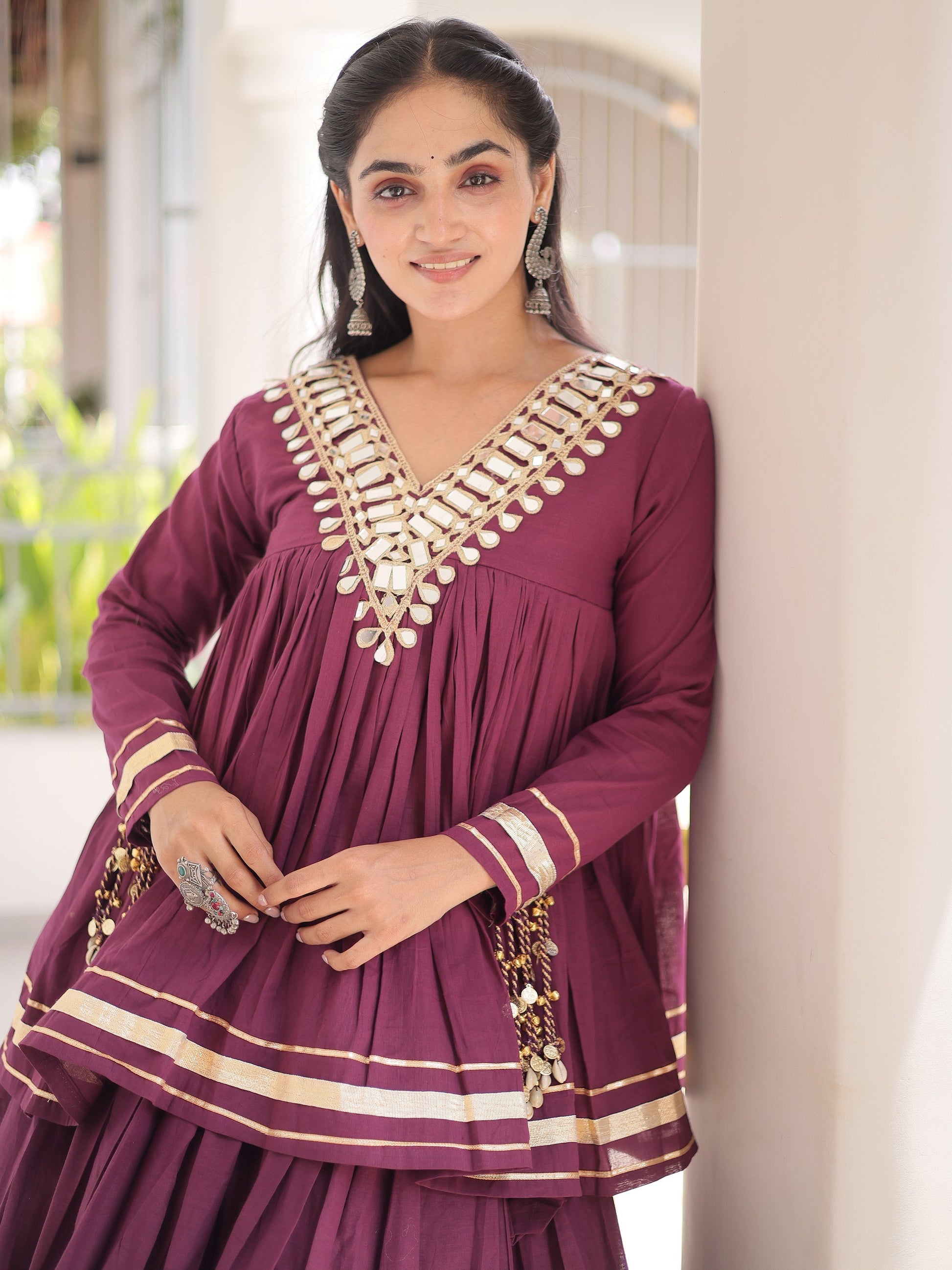 Impressive Wine Zari Work Cotton Navratri Wear Lehenga Choli 