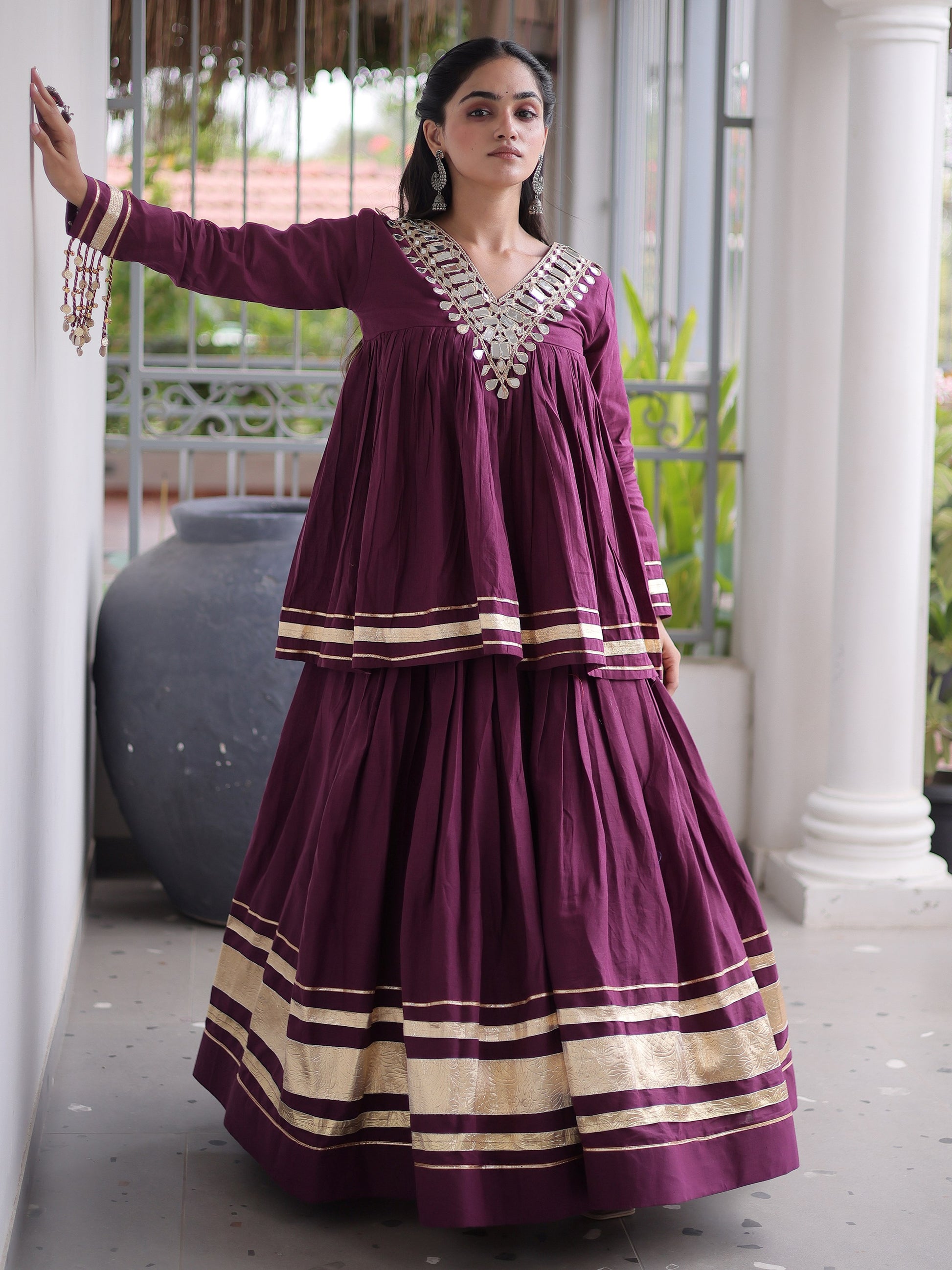 Impressive Wine Zari Work Cotton Navratri Wear Lehenga Choli 