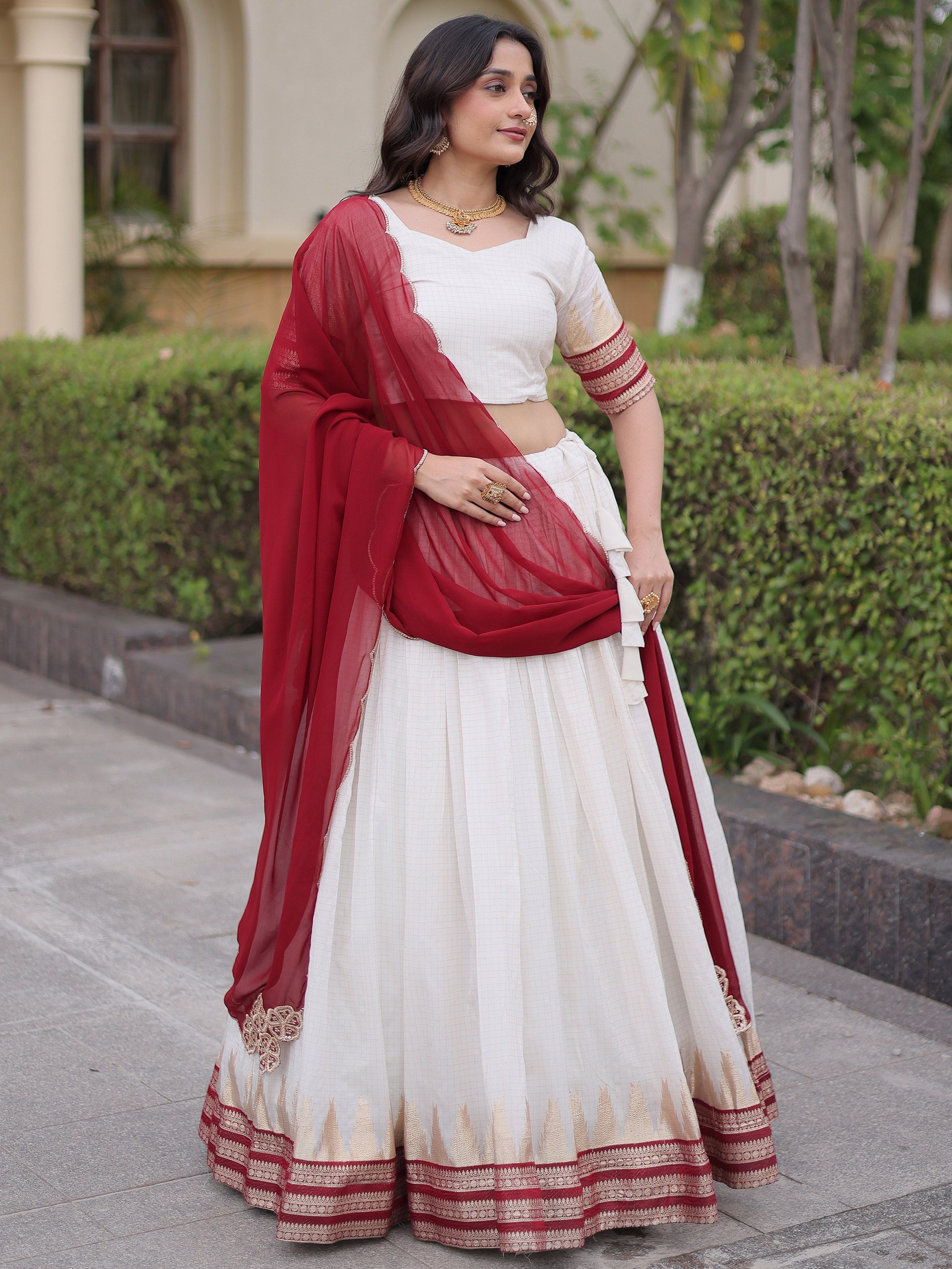 Stylish Maroon Zari Weaving Silk Festival Wear Lehenga Choli With Dupatta