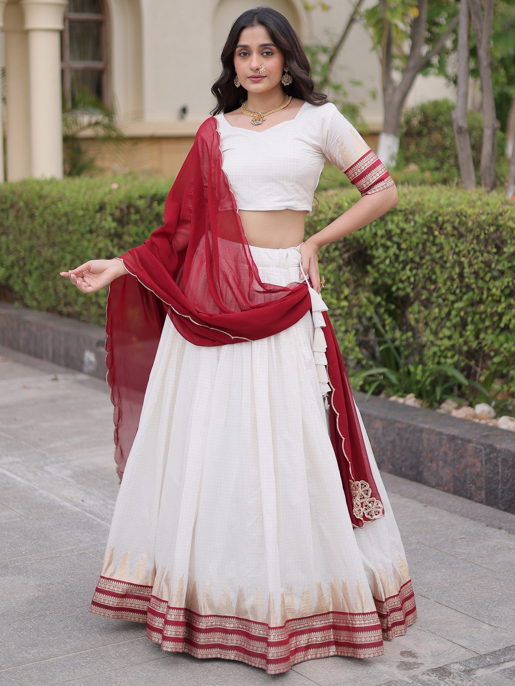 Stylish Maroon Zari Weaving Silk Festival Wear Lehenga Choli With Dupatta