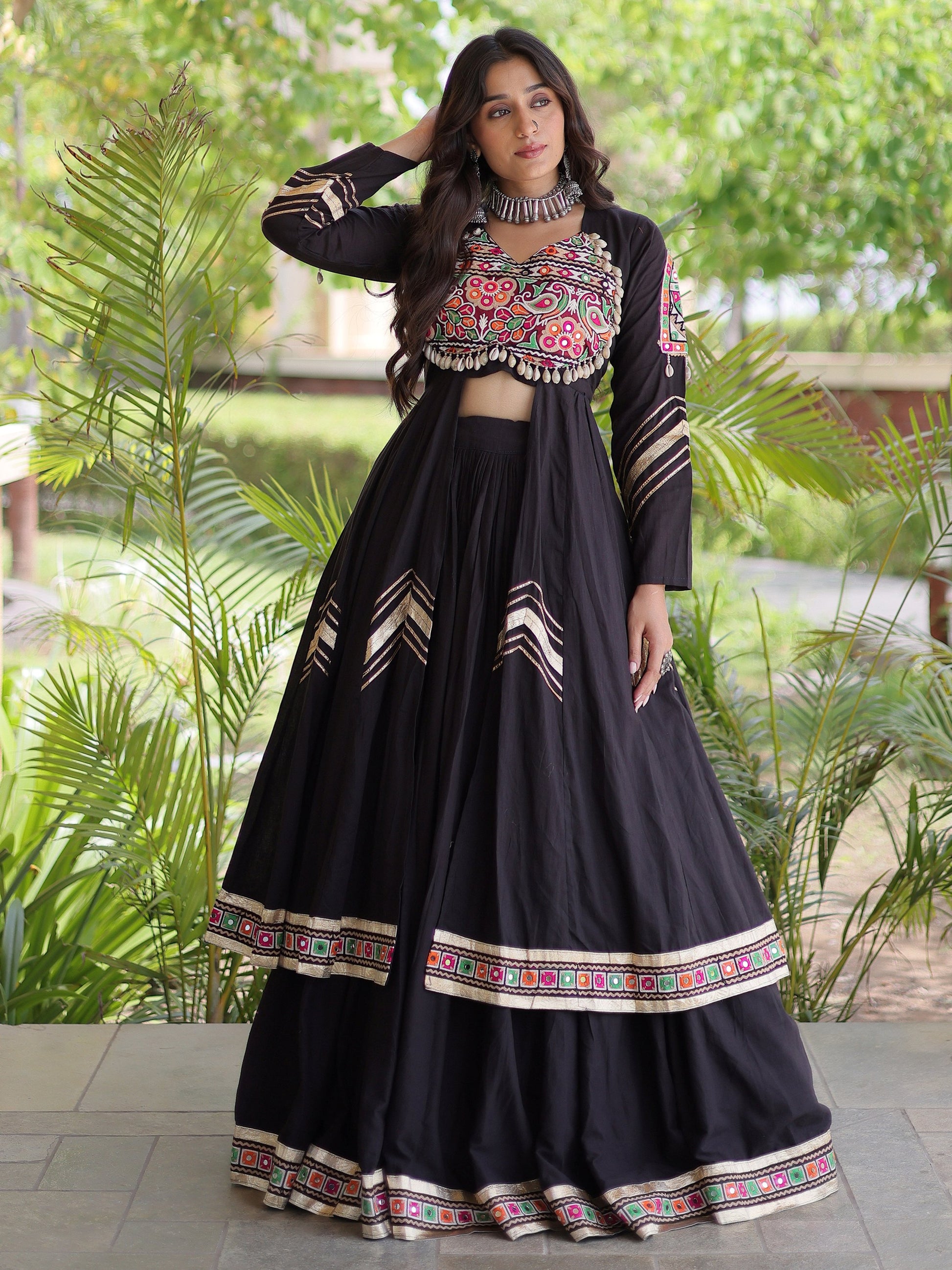 Wonderful Black Gamthi Work Cotton Navratri Wear Lehenga With Shrug