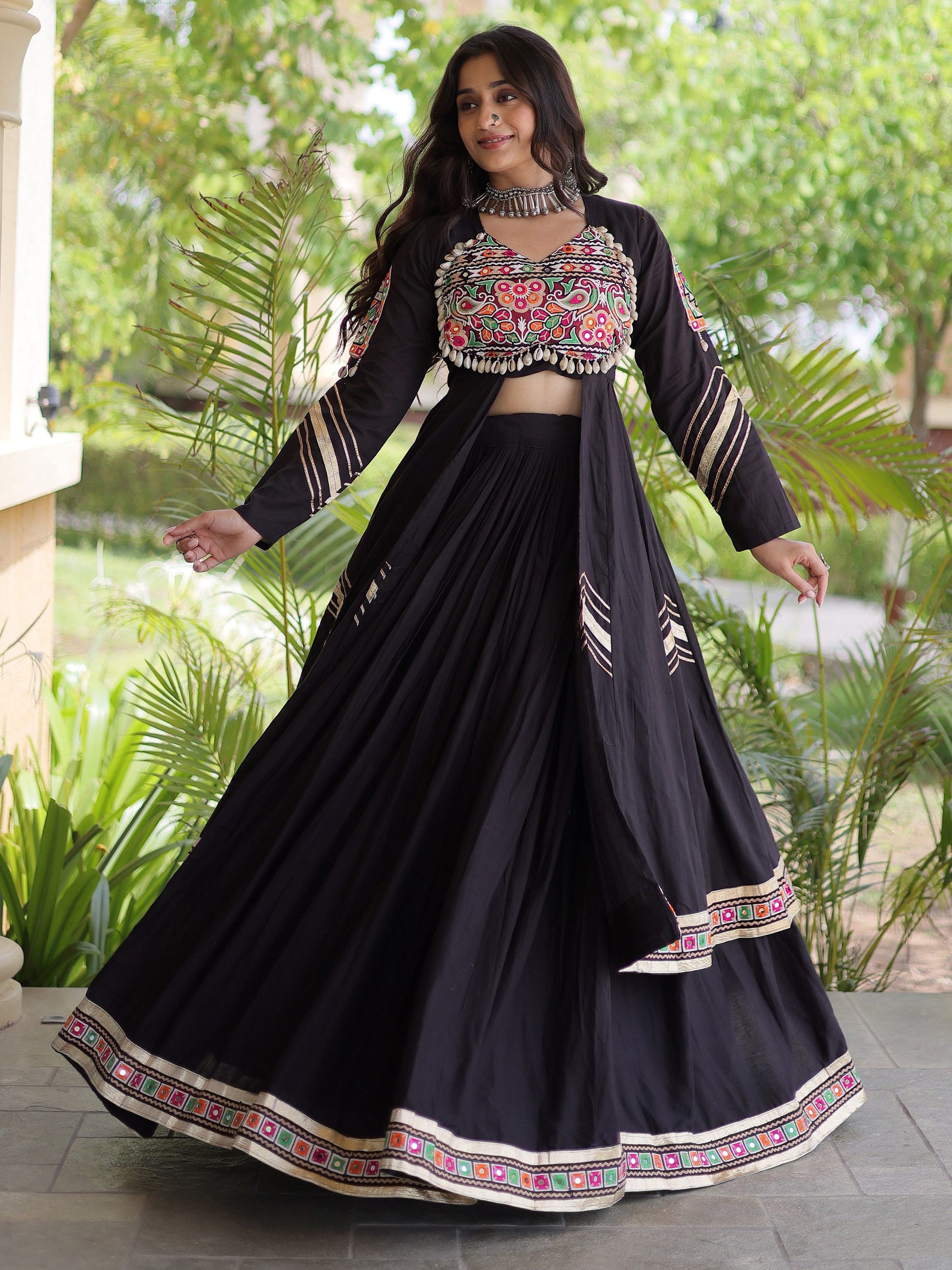 Wonderful Black Gamthi Work Cotton Navratri Wear Lehenga With Shrug