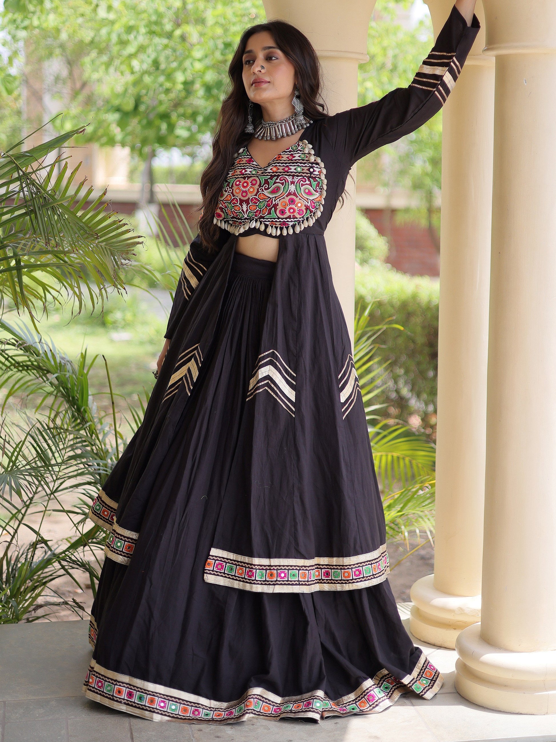 Wonderful Black Gamthi Work Cotton Navratri Wear Lehenga With Shrug