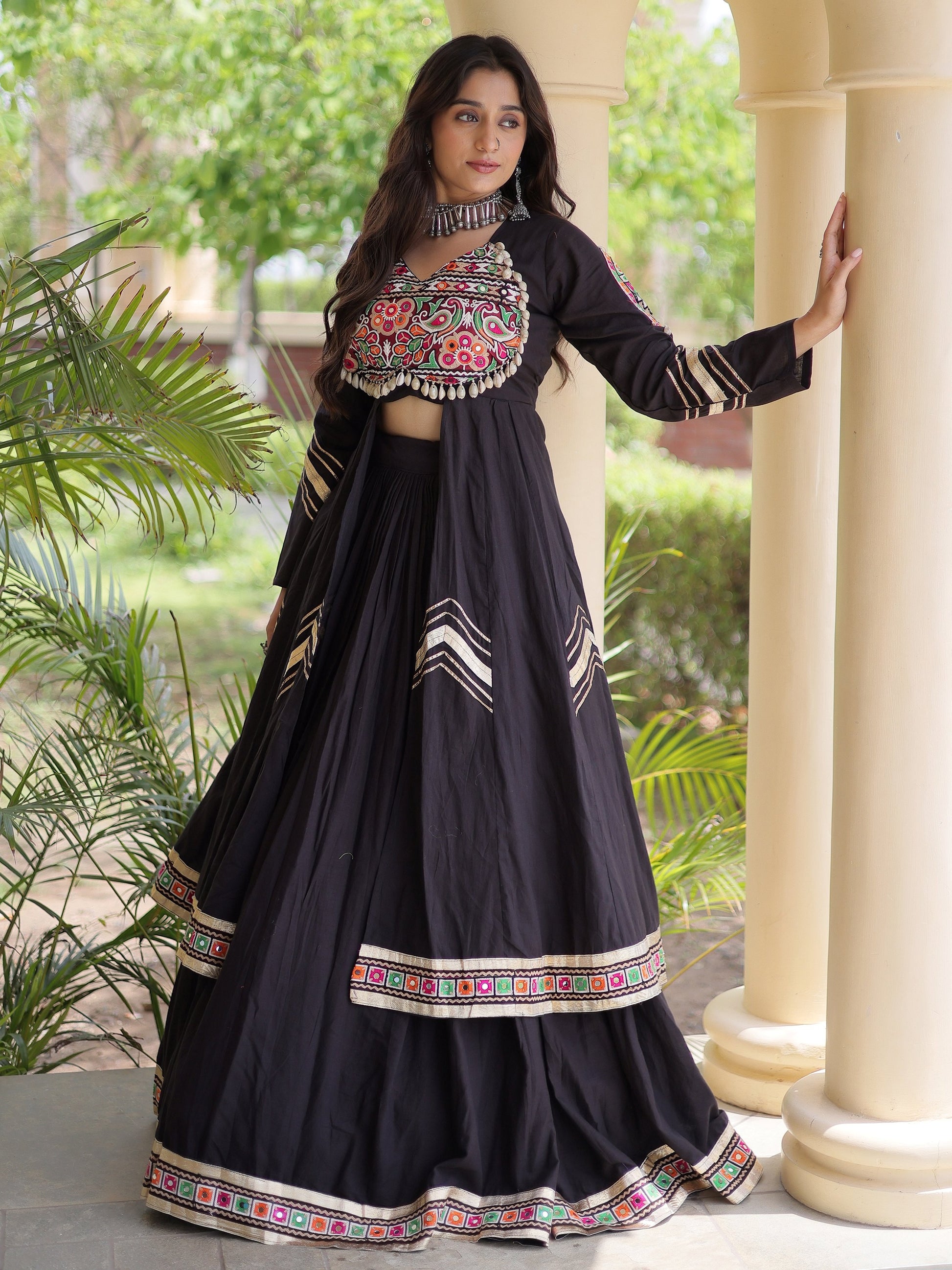 Wonderful Black Gamthi Work Cotton Navratri Wear Lehenga With Shrug