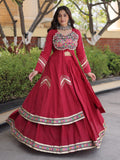 Royal Maroon Gamthi Work Cotton Navratri Wear Lehenga With Shrug Set