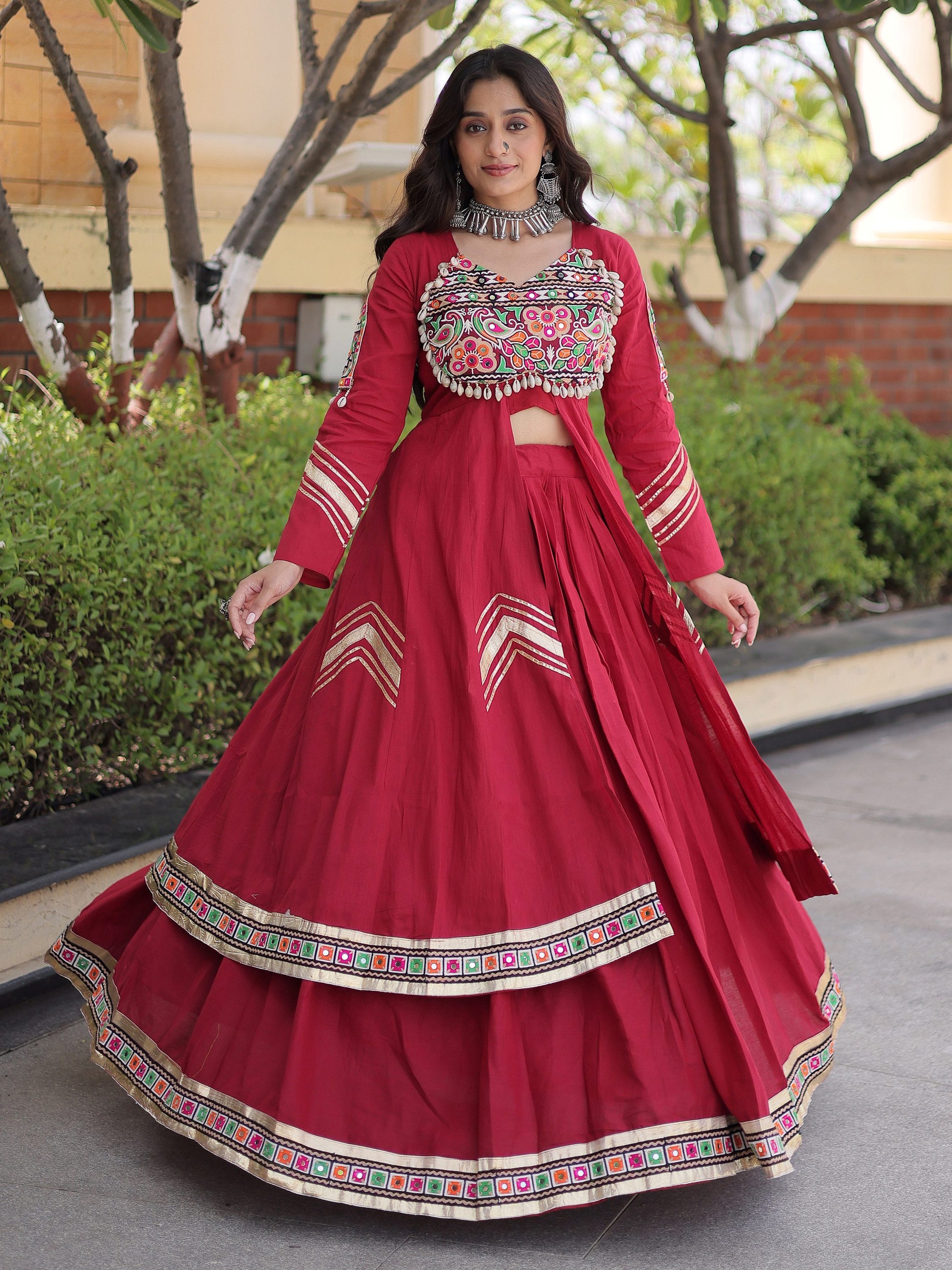 Royal Maroon Gamthi Work Cotton Navratri Wear Lehenga With Shrug Set