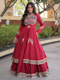 Royal Maroon Gamthi Work Cotton Navratri Wear Lehenga With Shrug Set